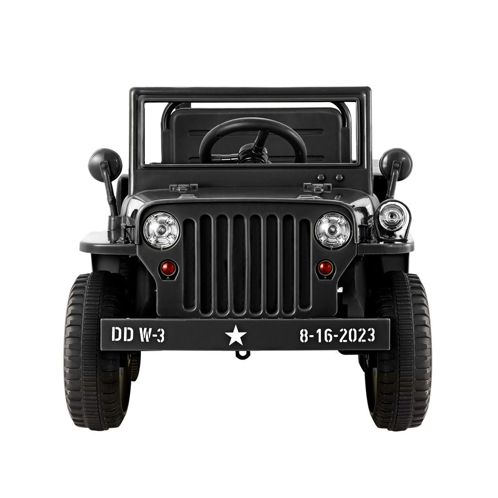 Black kids electric ride-on jeep front view with grille, headlights, and steering wheel