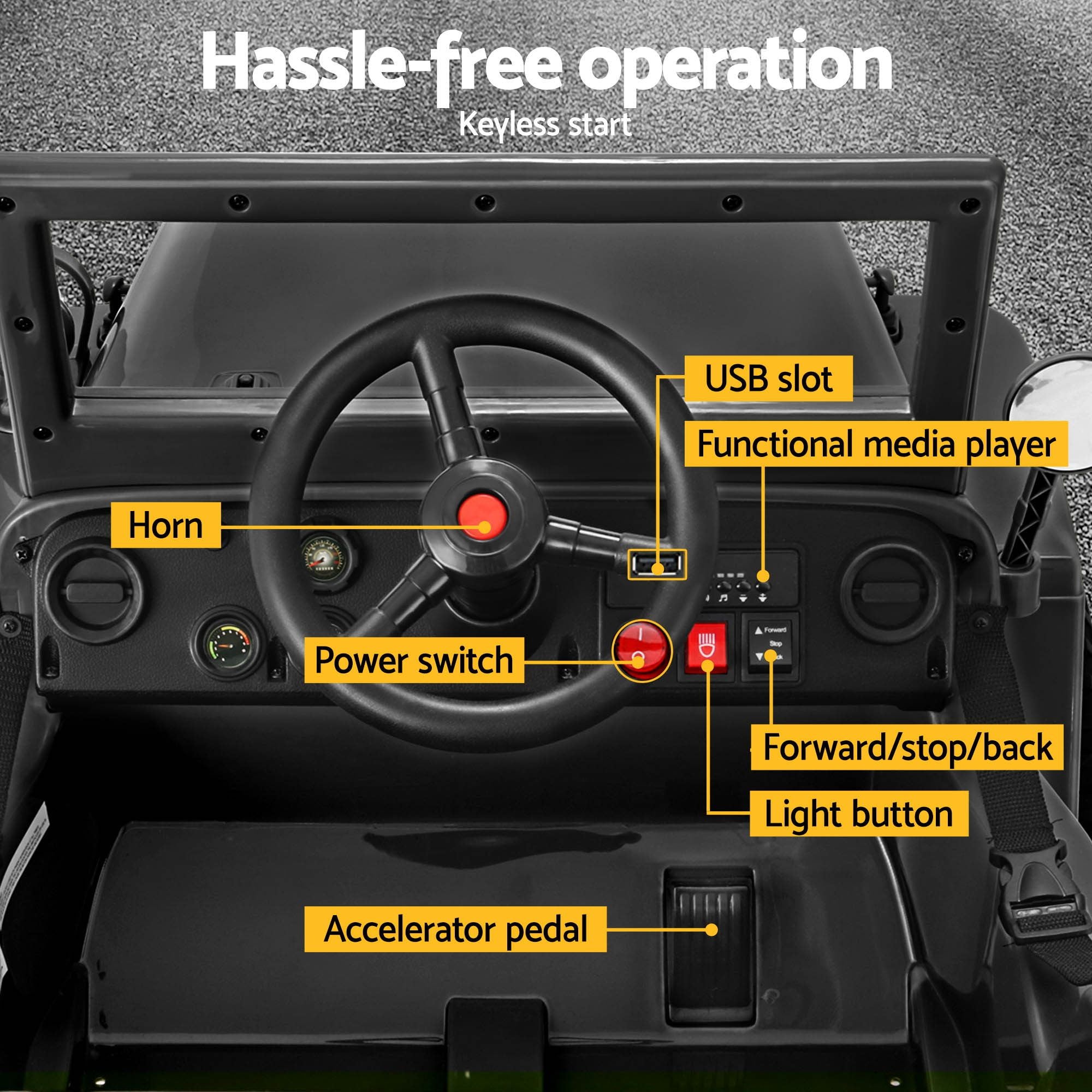 Black ride-on jeep dashboard with steering wheel, power switch, horn, and light controls