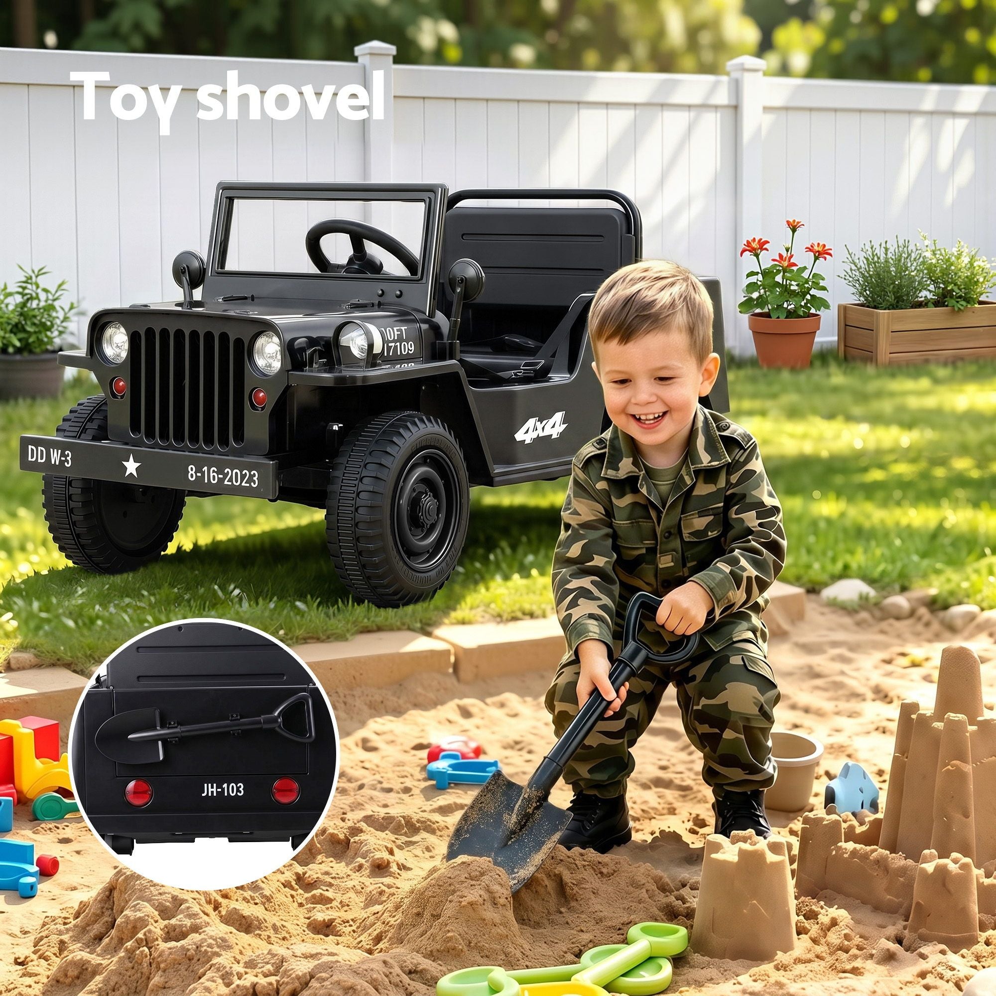Black kids ride-on jeep with toy shovel attachment at the back