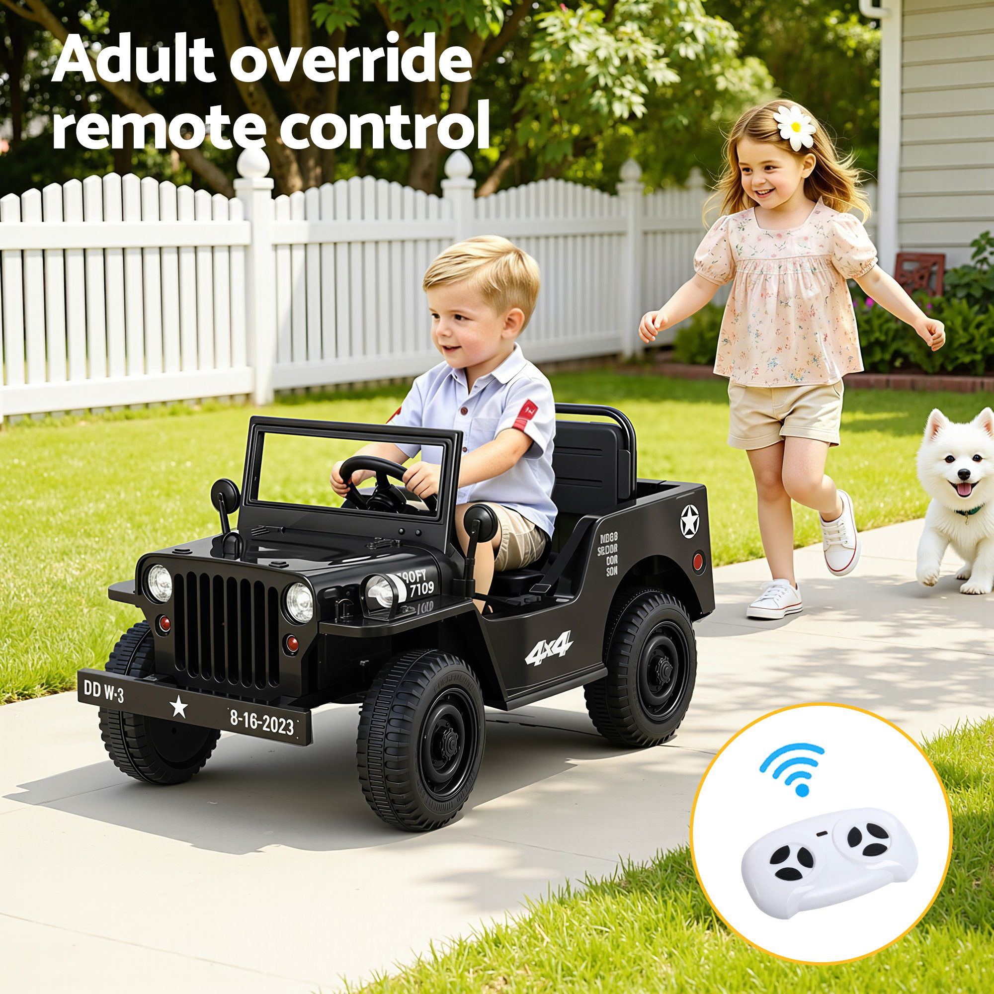 Black kids electric ride-on jeep with open cabin and steering wheel on a driveway