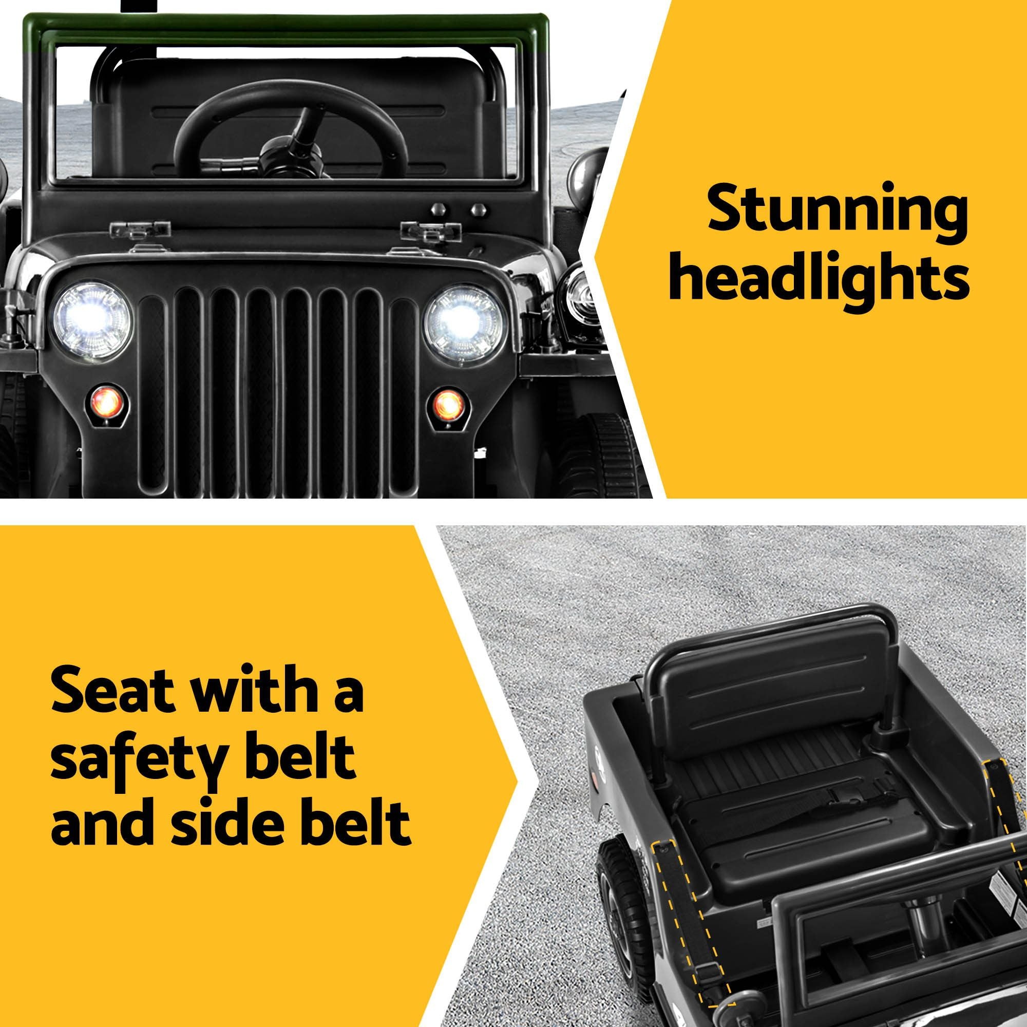 Black ride-on jeep with round headlights and seat with side belt and safety strap