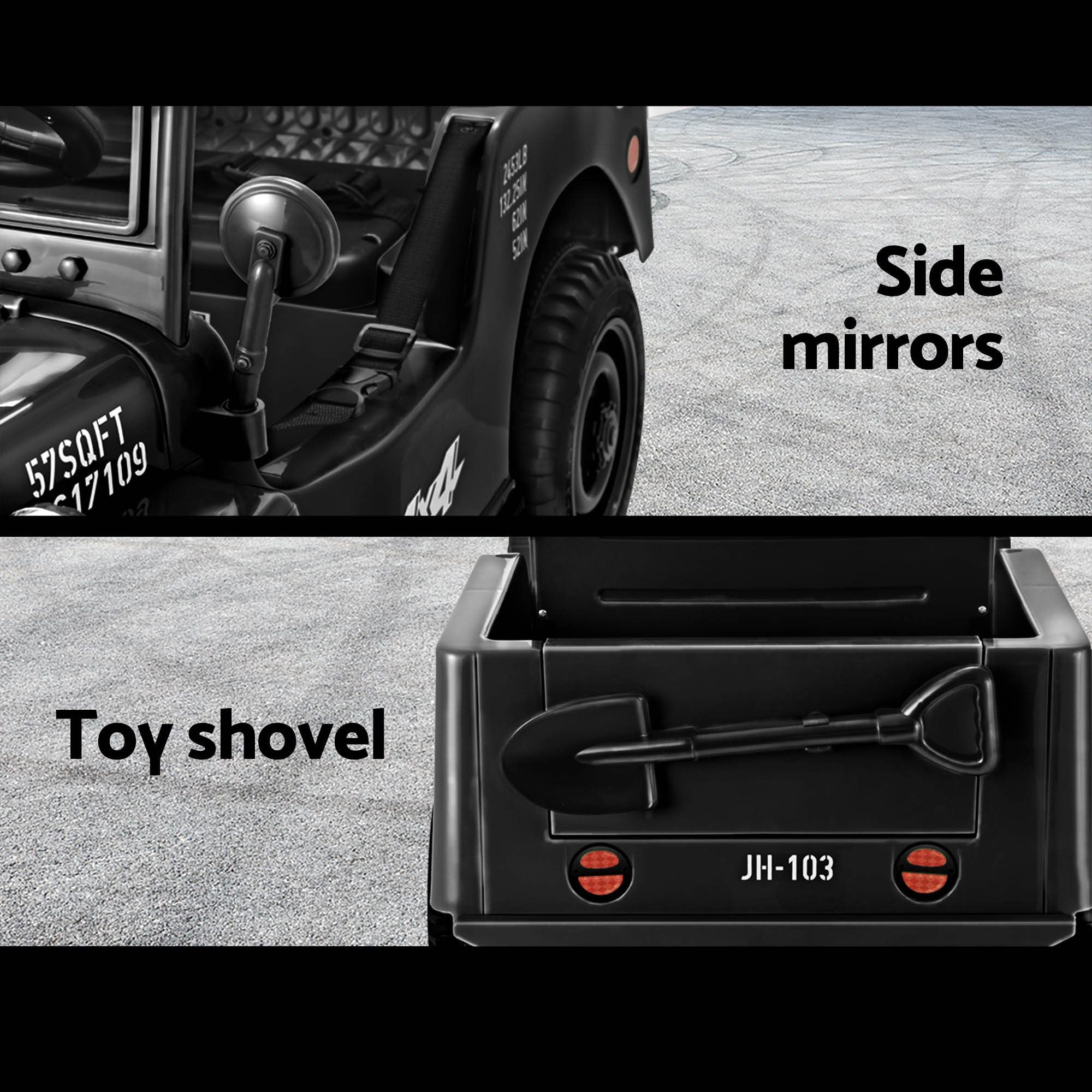 Black ride-on jeep showing side mirrors and rear toy shovel attachment