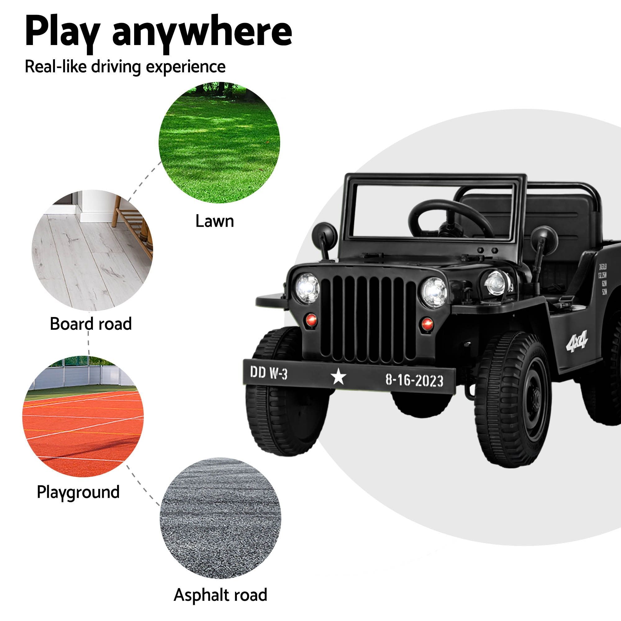 Black kids electric ride-on jeep with large tires and open cabin