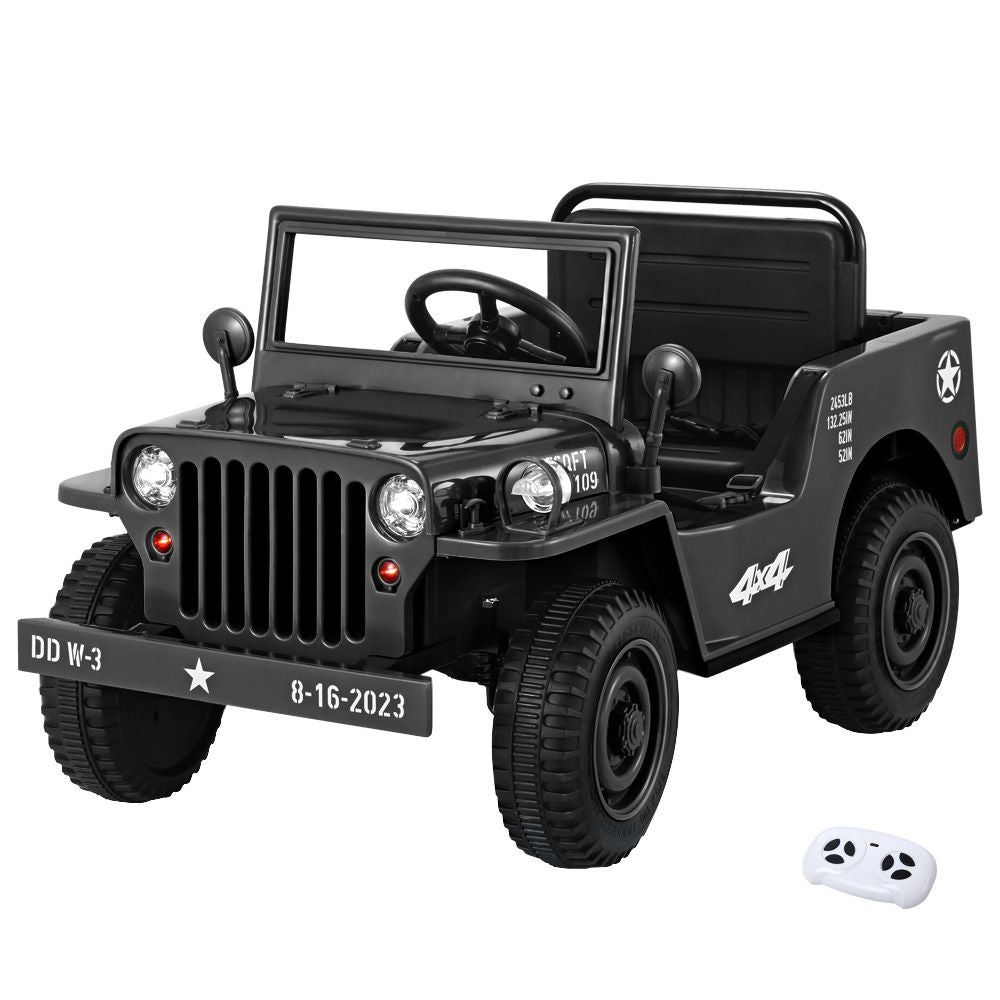 Black kids electric ride-on jeep with open cabin and steering wheel plus remote control