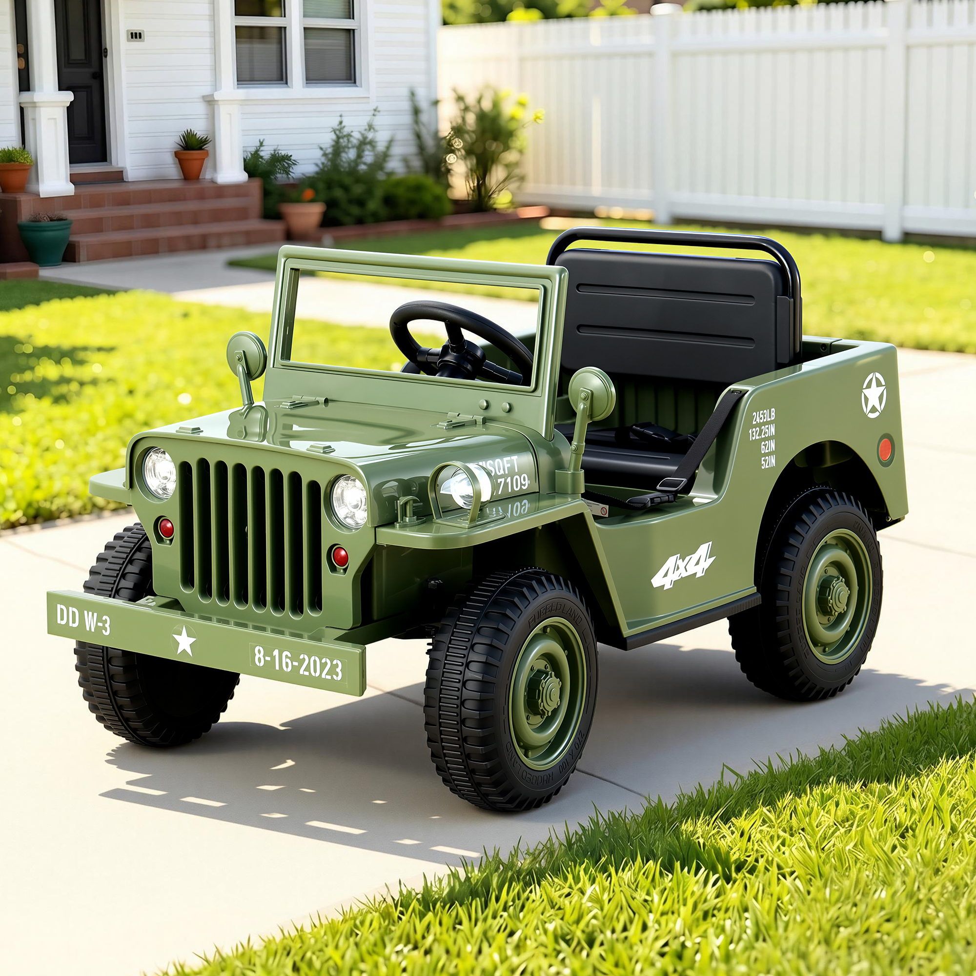 Kids electric ride-on jeep in olive green with front grille, headlights, and open cabin.