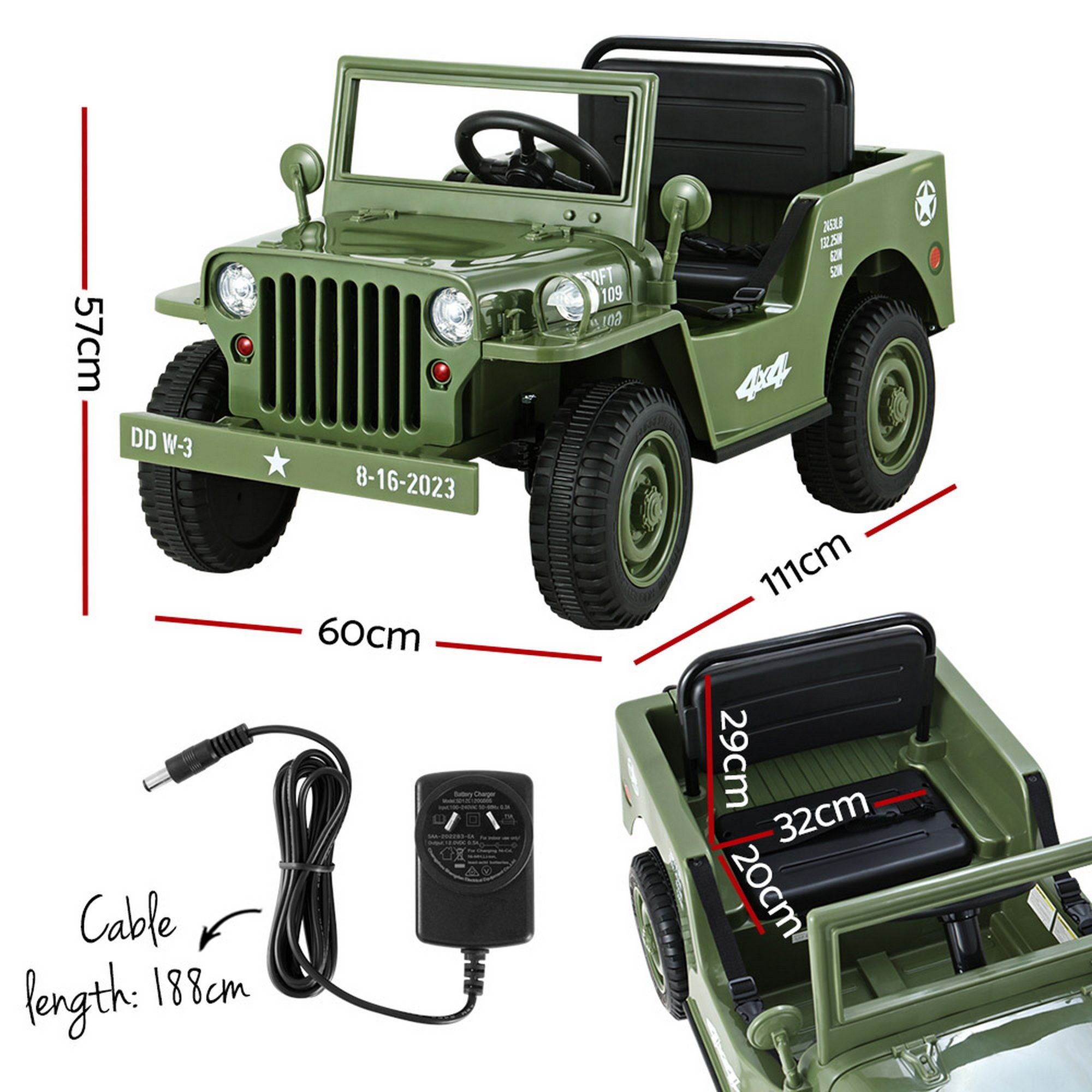 Kids electric ride-on jeep in olive green with remote control and charging cable.