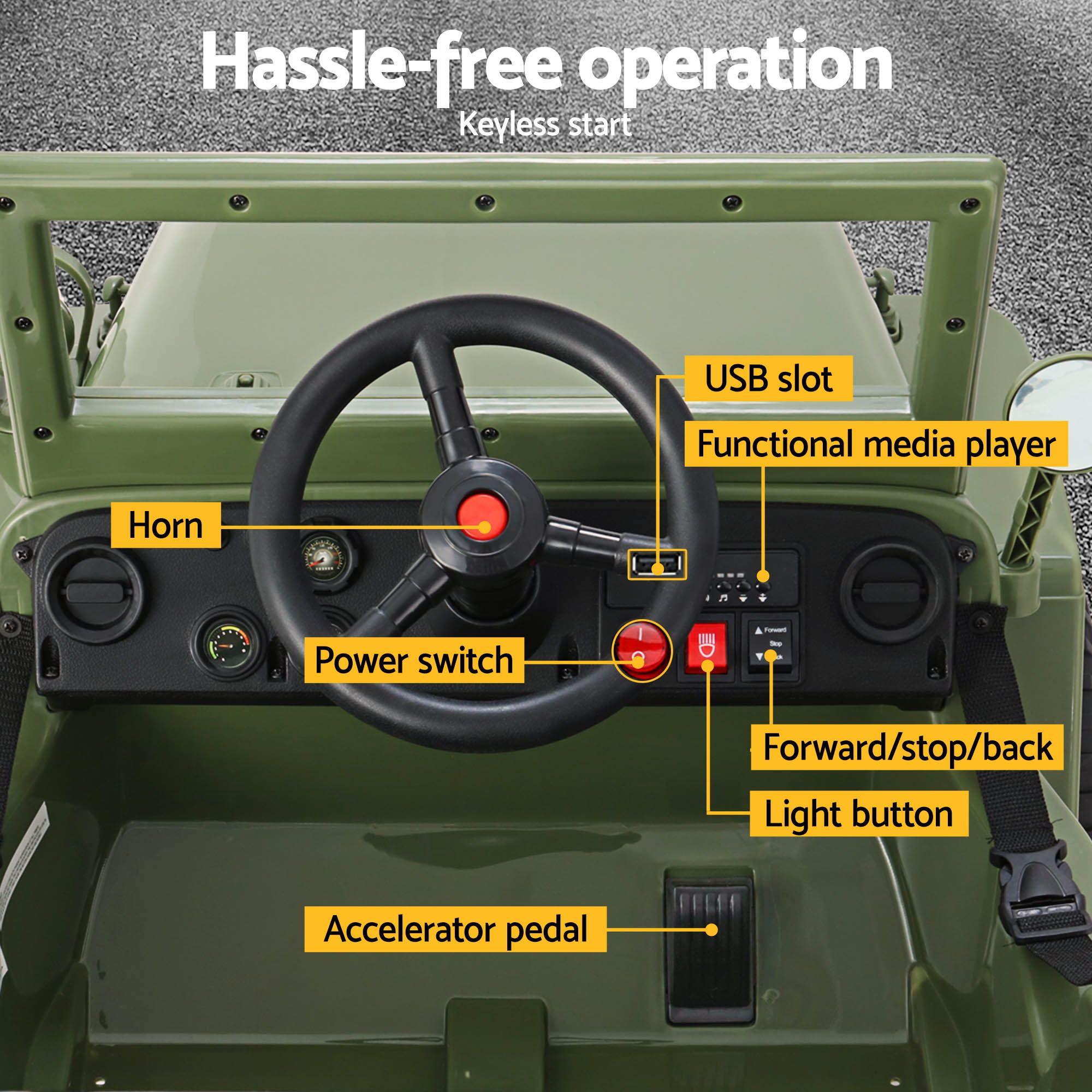 Kids electric ride-on jeep dashboard in olive green with steering wheel and control panel.