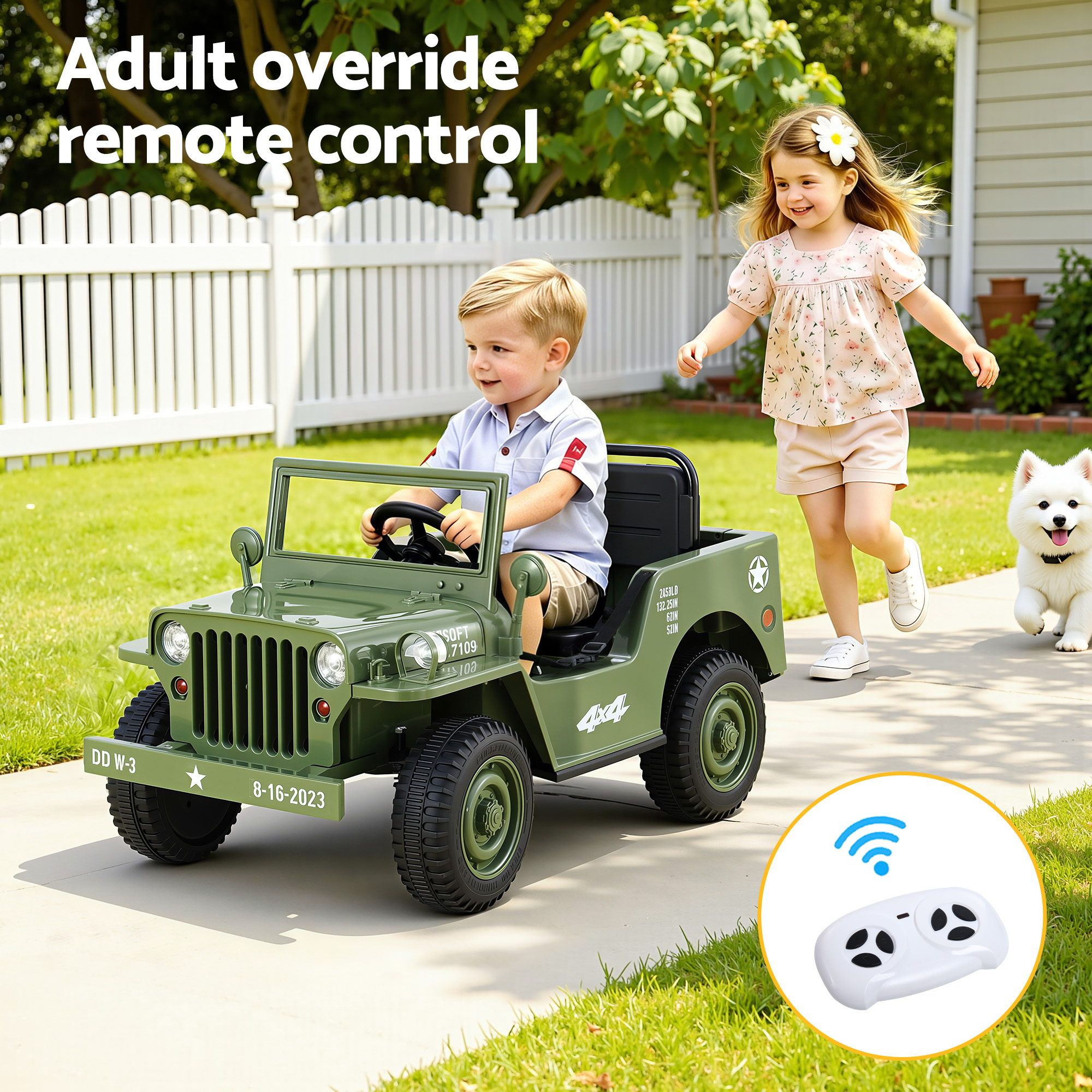 Kids electric ride-on jeep in olive green with steering wheel and black rear cover.