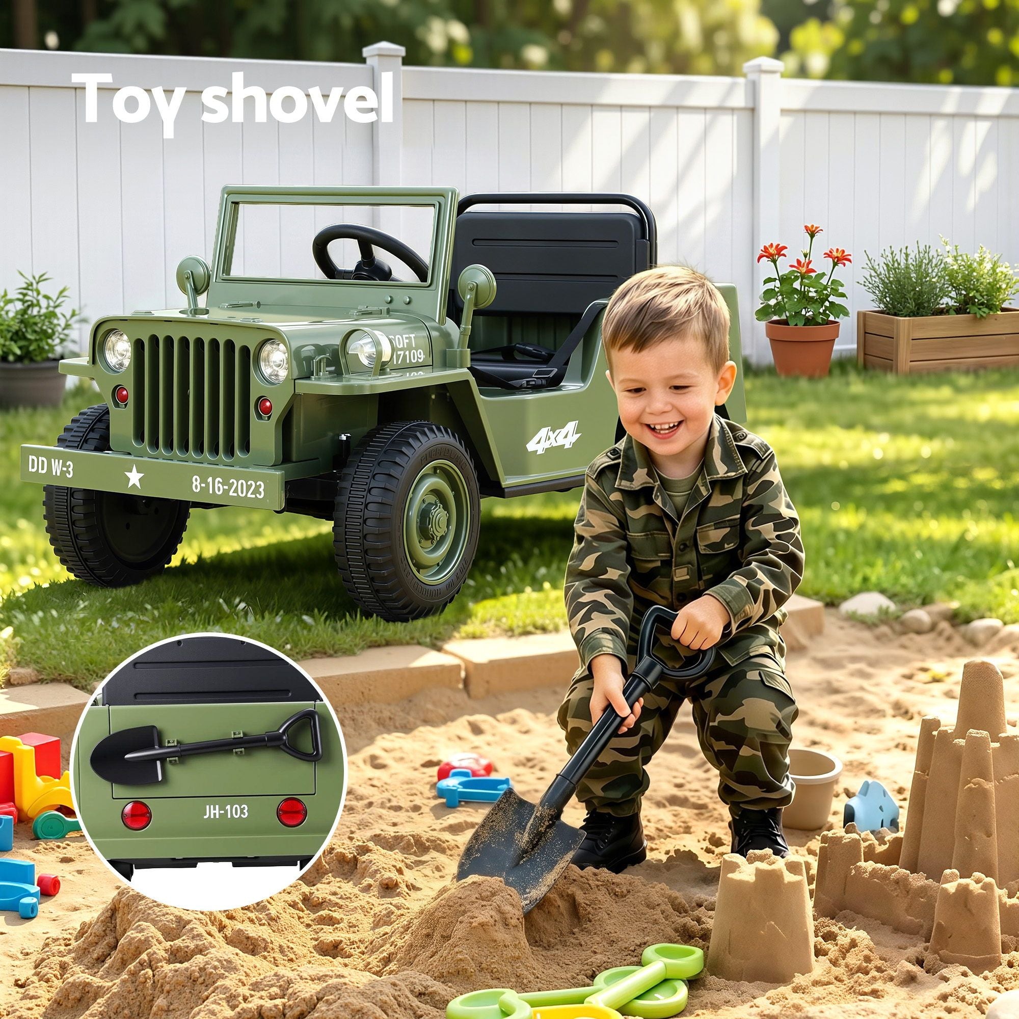 Kids electric ride-on jeep in olive green with front grille and rear shovel attachment.