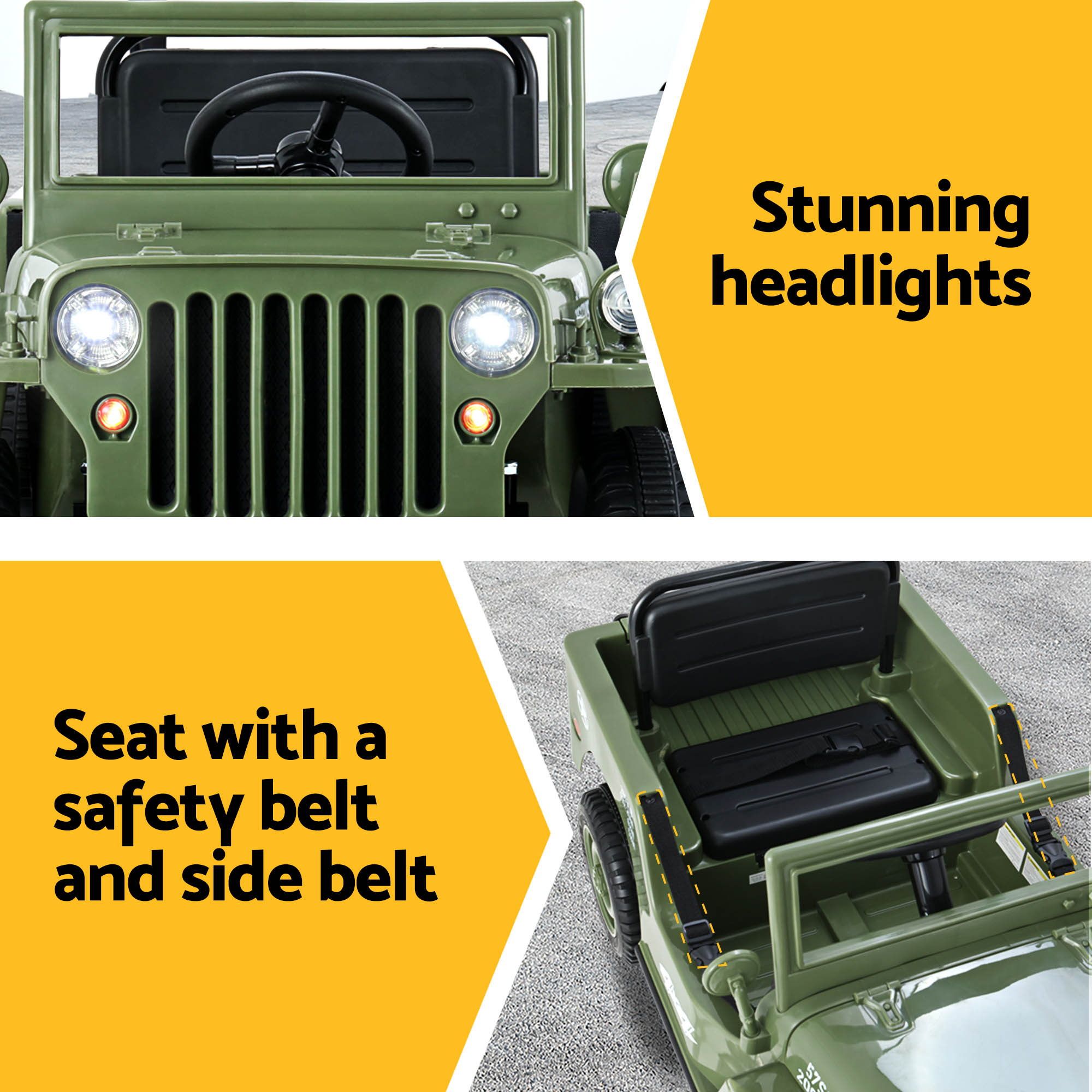 Kids electric ride-on jeep front headlights and seat with safety belt.