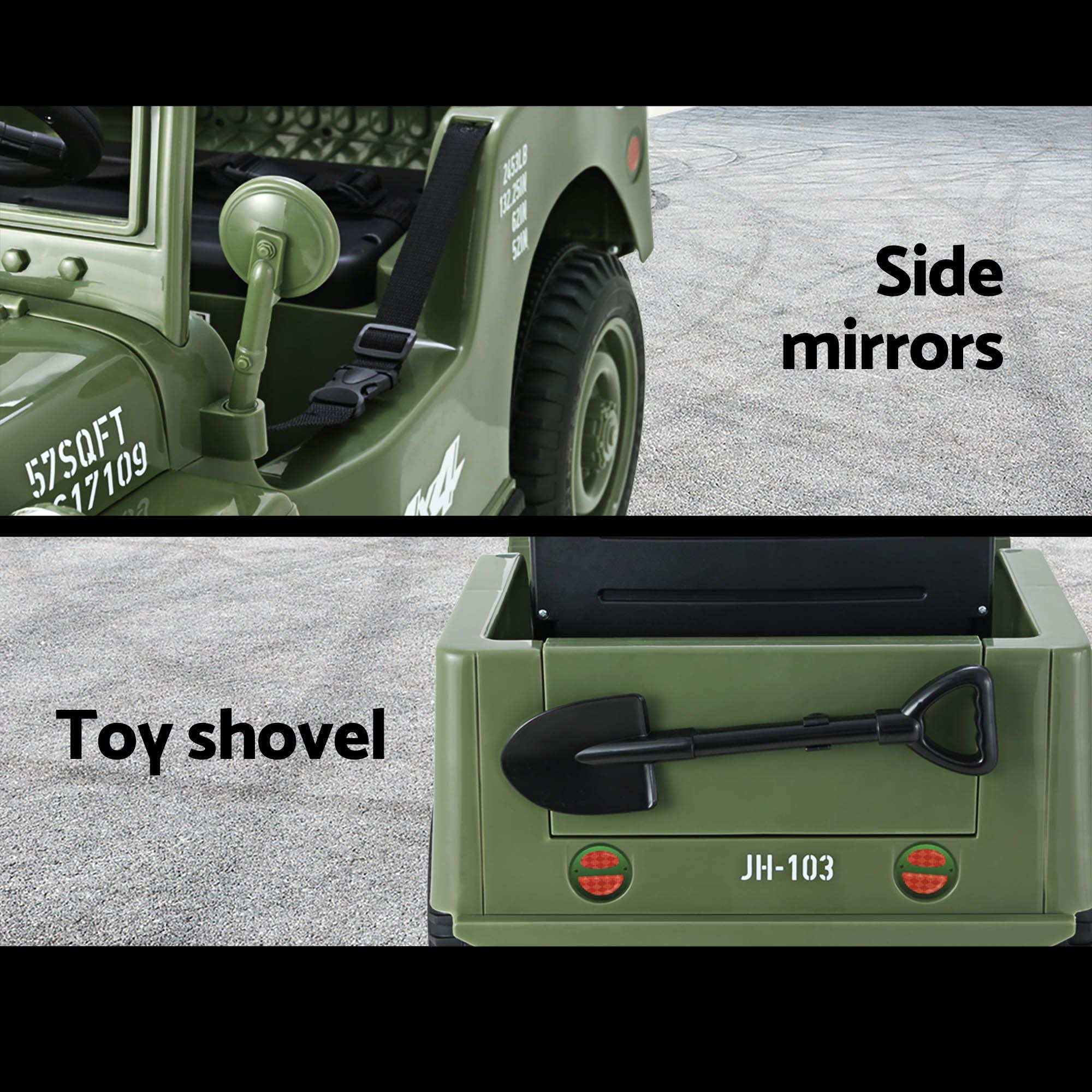 Kids electric ride-on jeep with side mirrors and rear toy shovel.