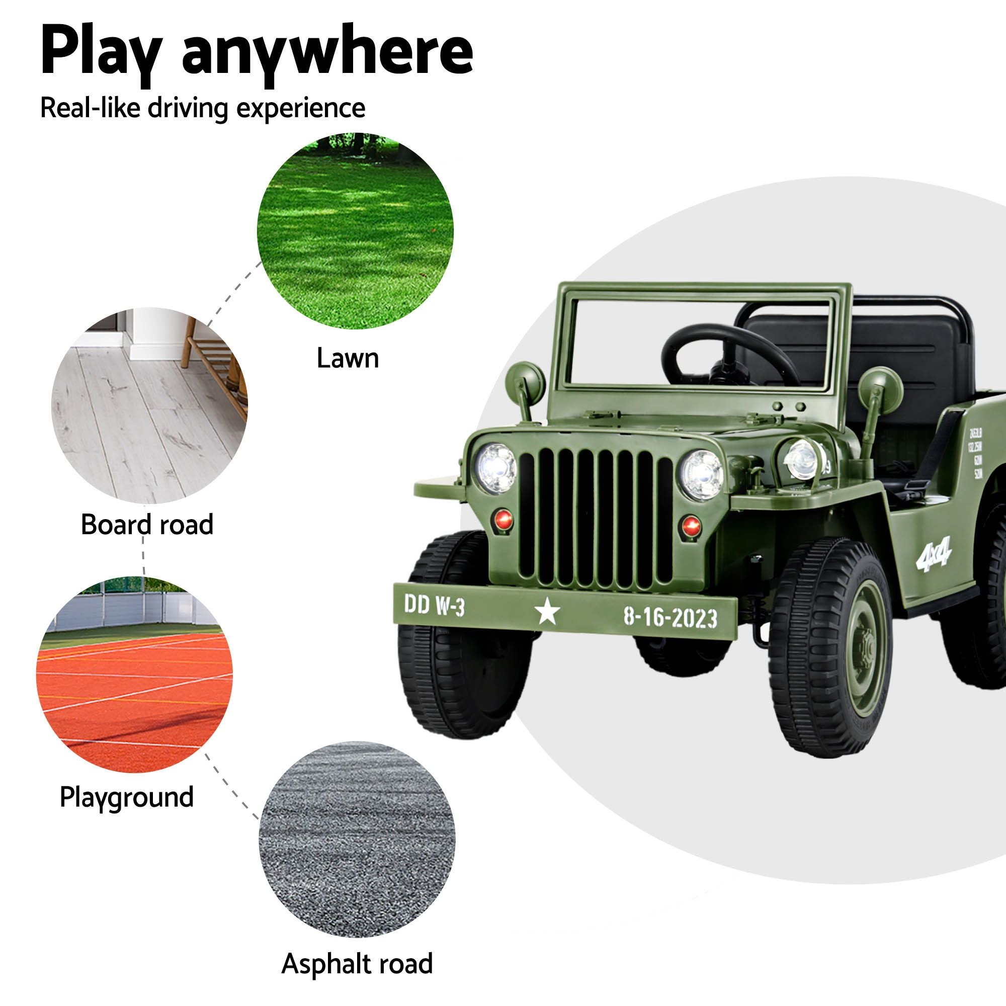 Kids electric ride-on jeep in olive green with large wheels and open cabin.