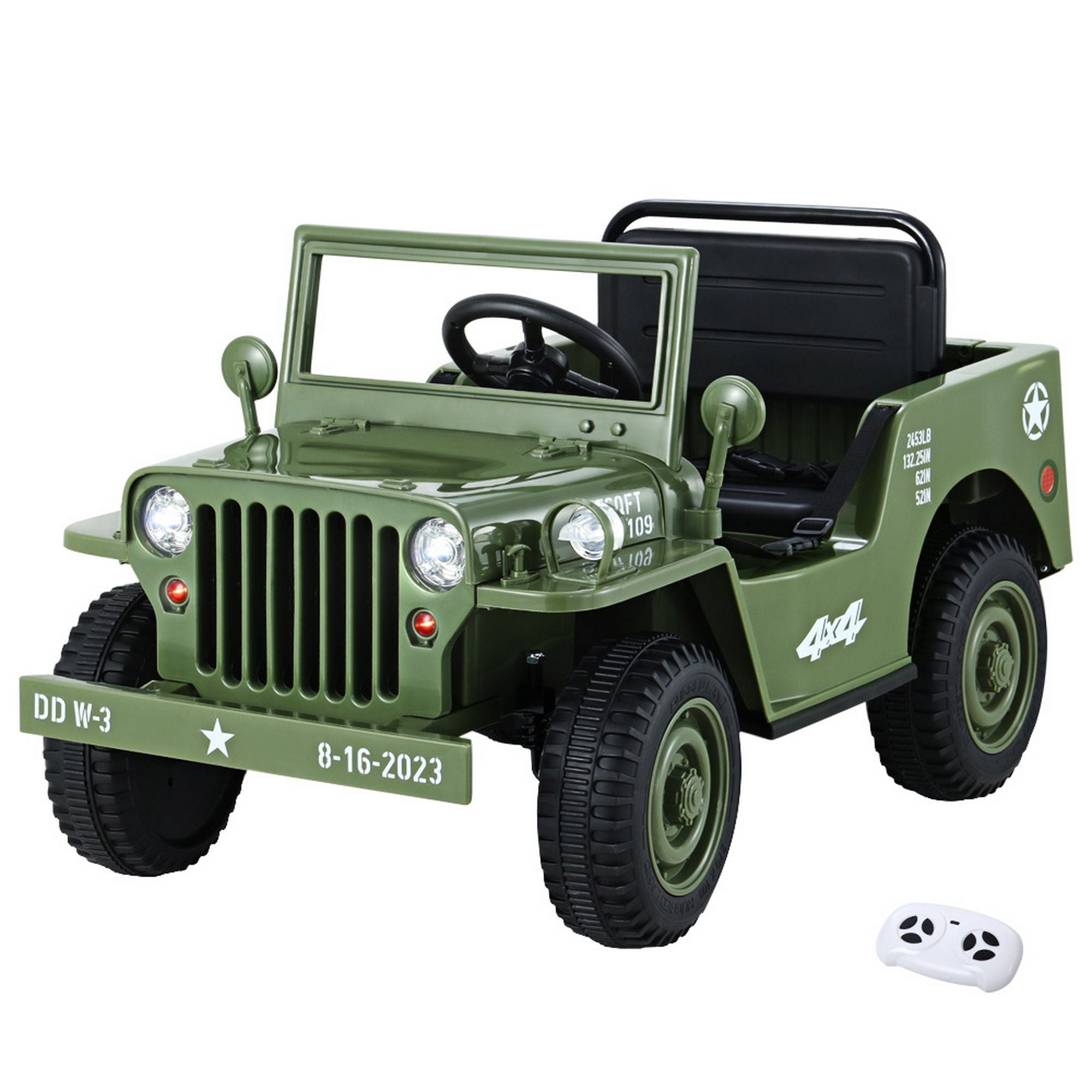 Kids electric ride-on jeep in olive green with remote control.