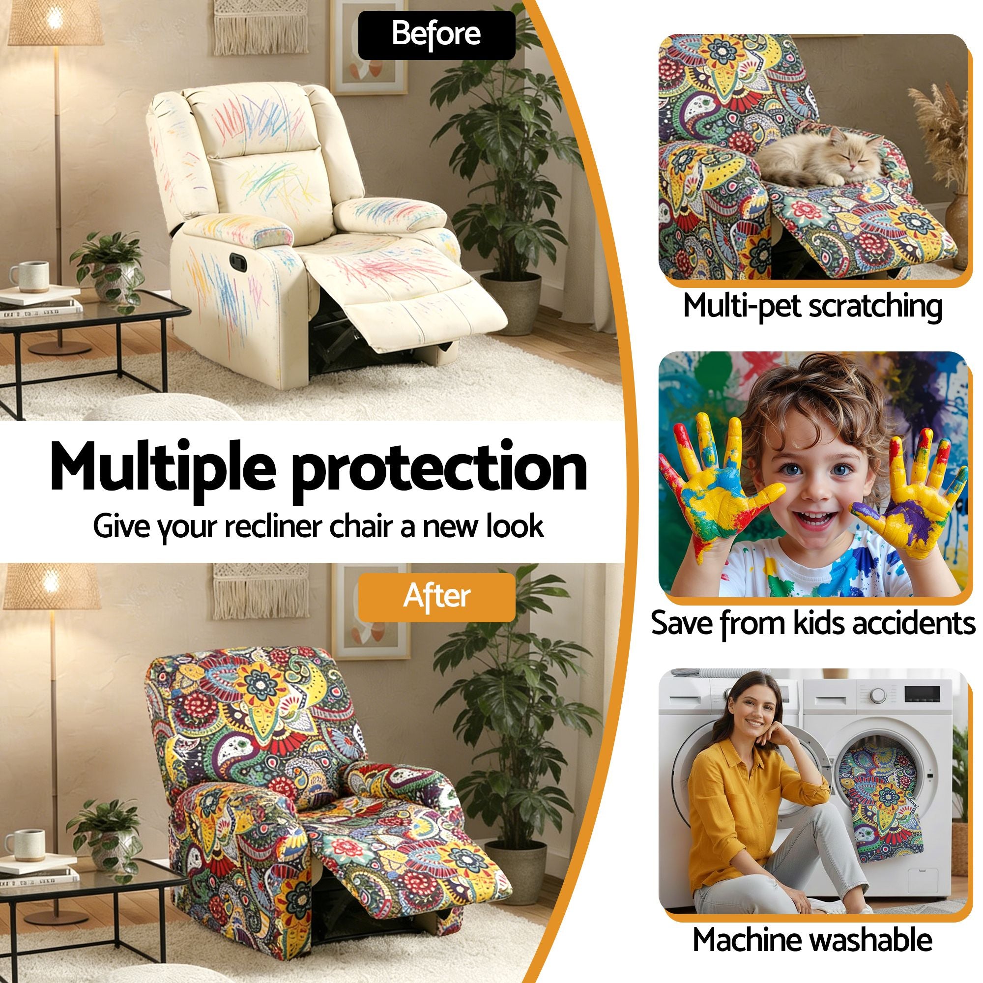 Artiss Stretch Kids Recliner Cover 4-Pieces Recliner Chair Slipcovers Printed Polyester Bedworld