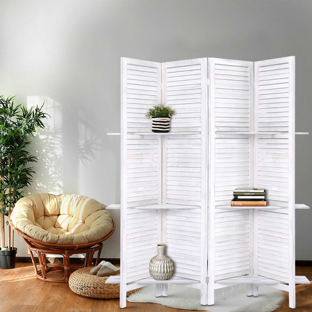 White 4-panel room divider screen with slatted doors and side shelves