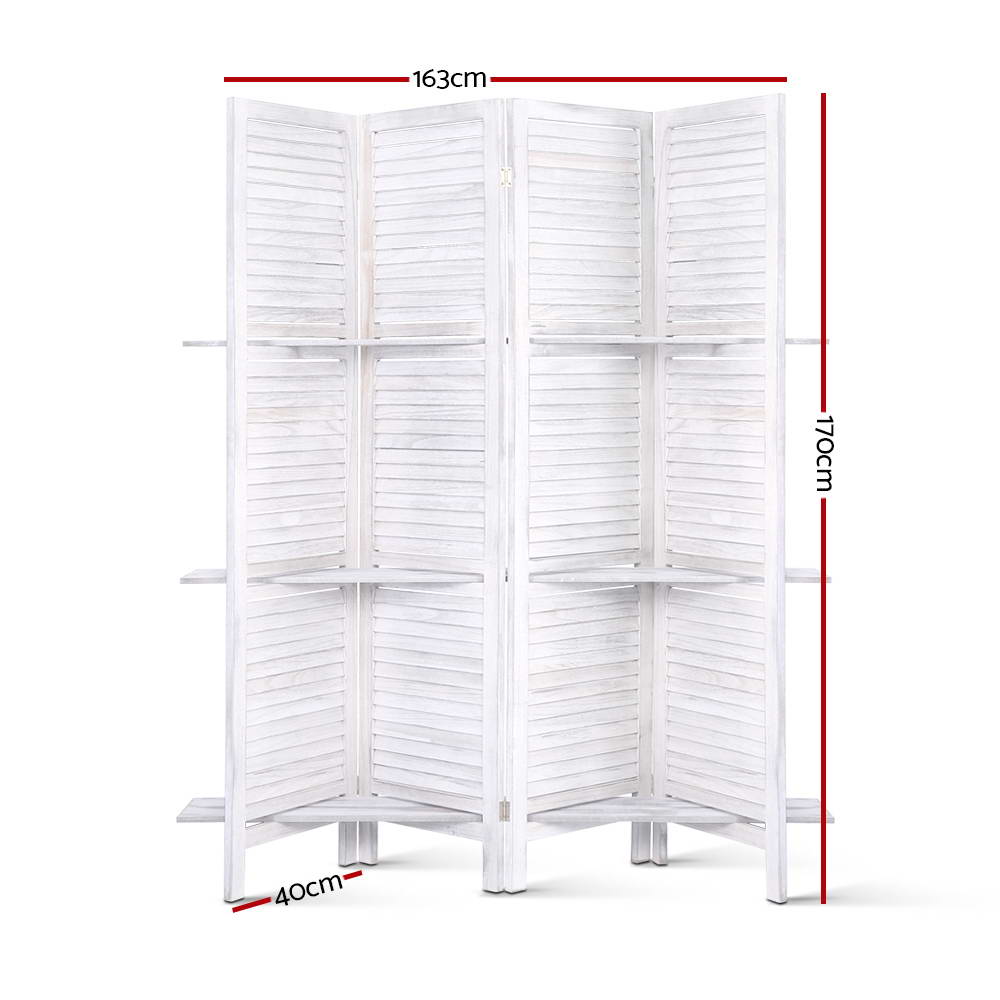 White 4-panel room divider screen with shelves, freestanding on legs