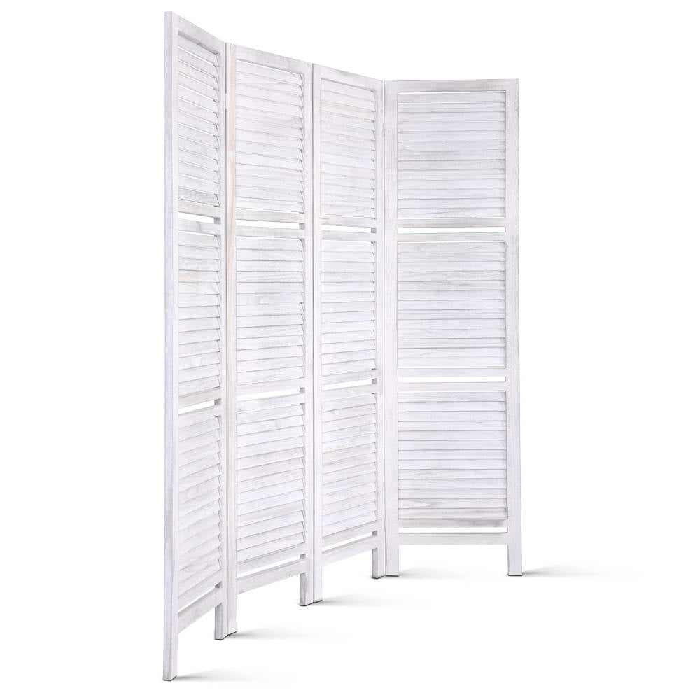 White 4-panel room divider screen with slatted panel doors, freestanding