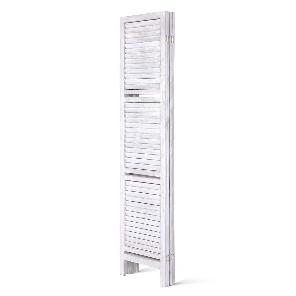 White tall 4-panel room divider screen, freestanding with slatted doors