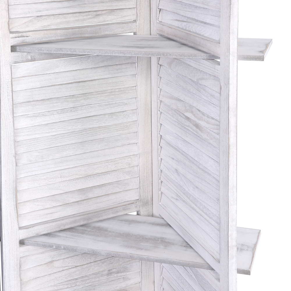 White room divider screen close-up showing inner shelves and slatted panels