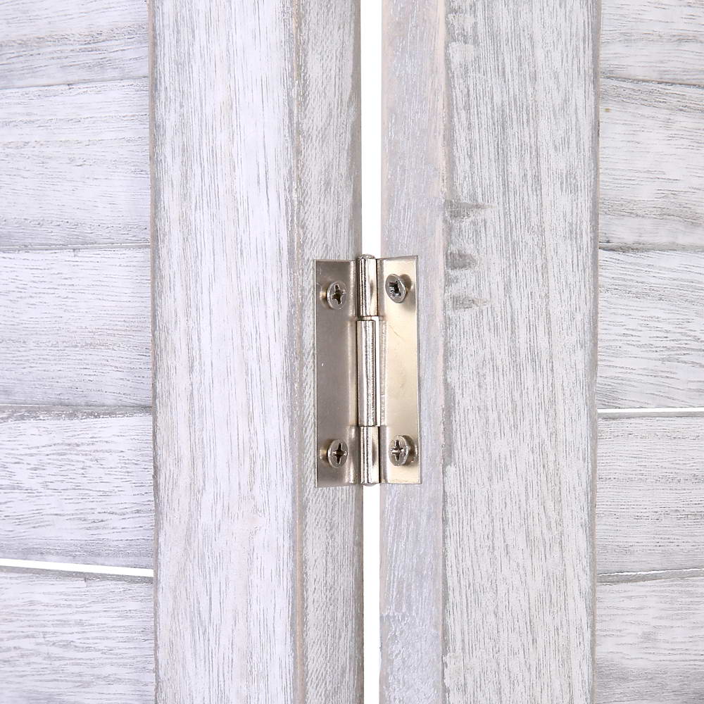 White room divider screen hinge on slatted panels with metal hardware