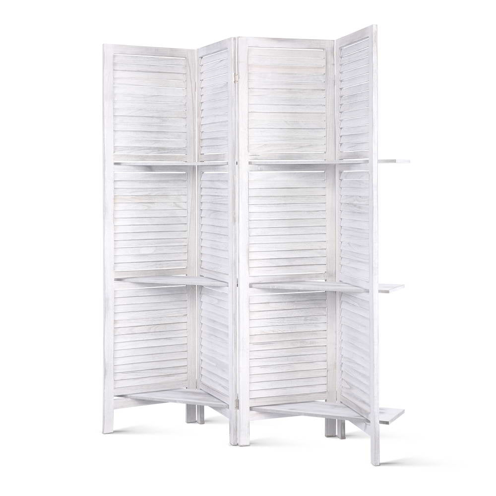 White 4-panel room divider screen with open shelves and slatted doors