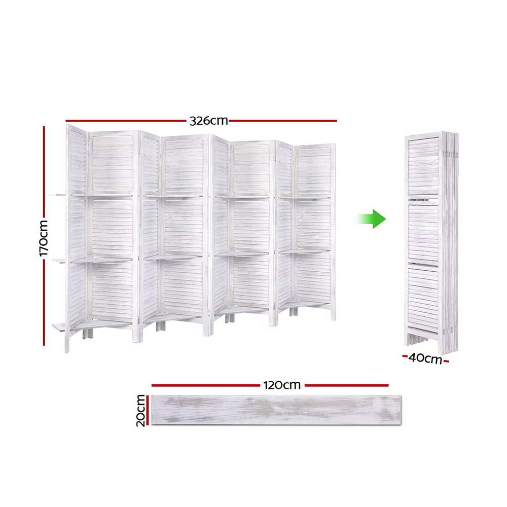 White 8-panel room divider screen with shelves, shown with size diagram