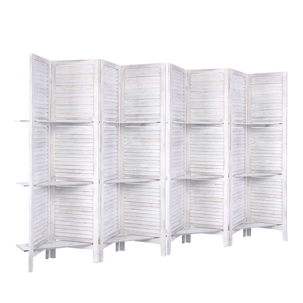 White 8-panel room divider screen with louvered panels and three-tier shelves
