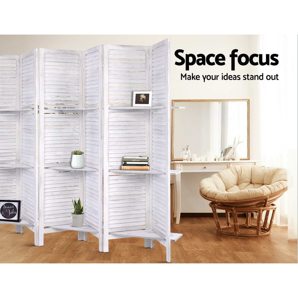 White 8-panel room divider screen with shelves and louvered panels