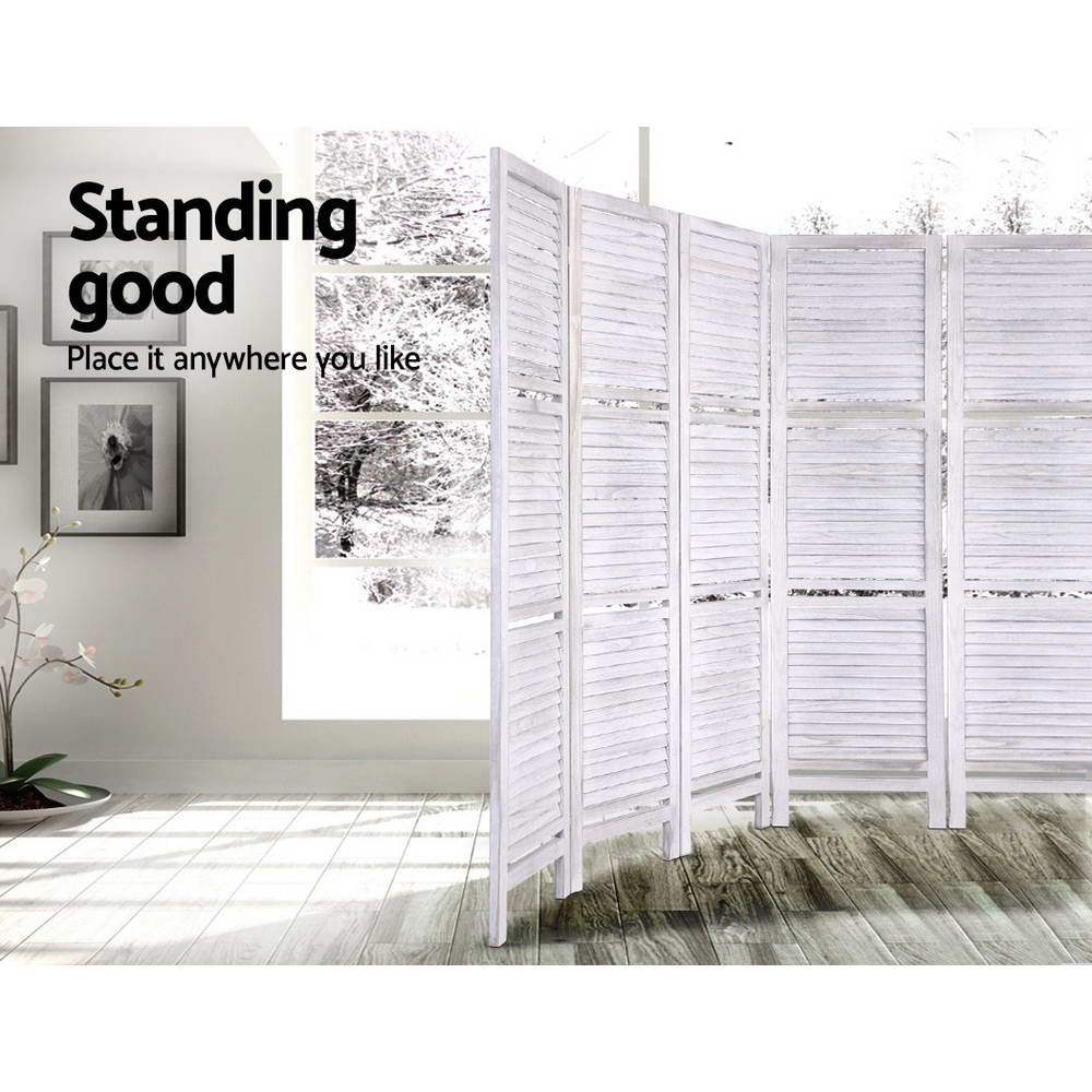 White 8-panel room divider screen with shelves and slatted louvered panels