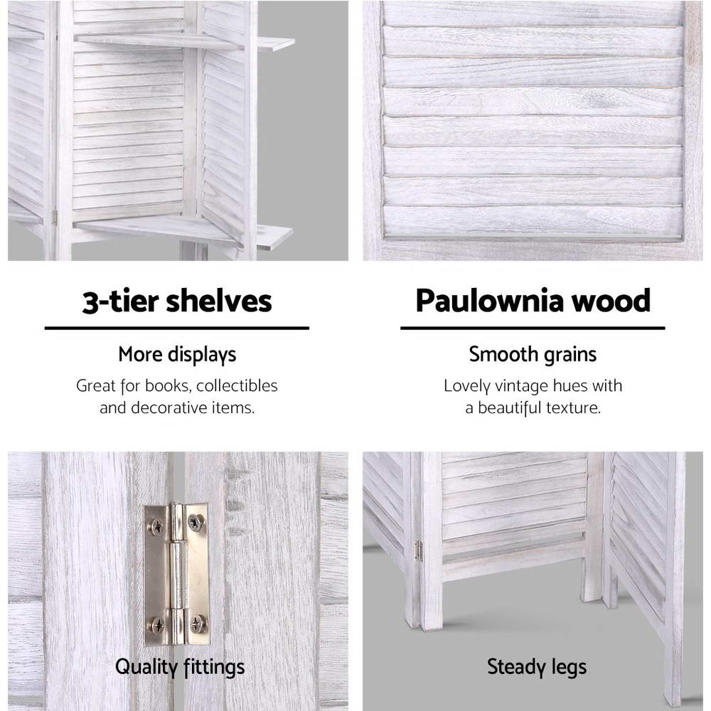 White room divider screen details: slatted panels, shelves, and sturdy legs