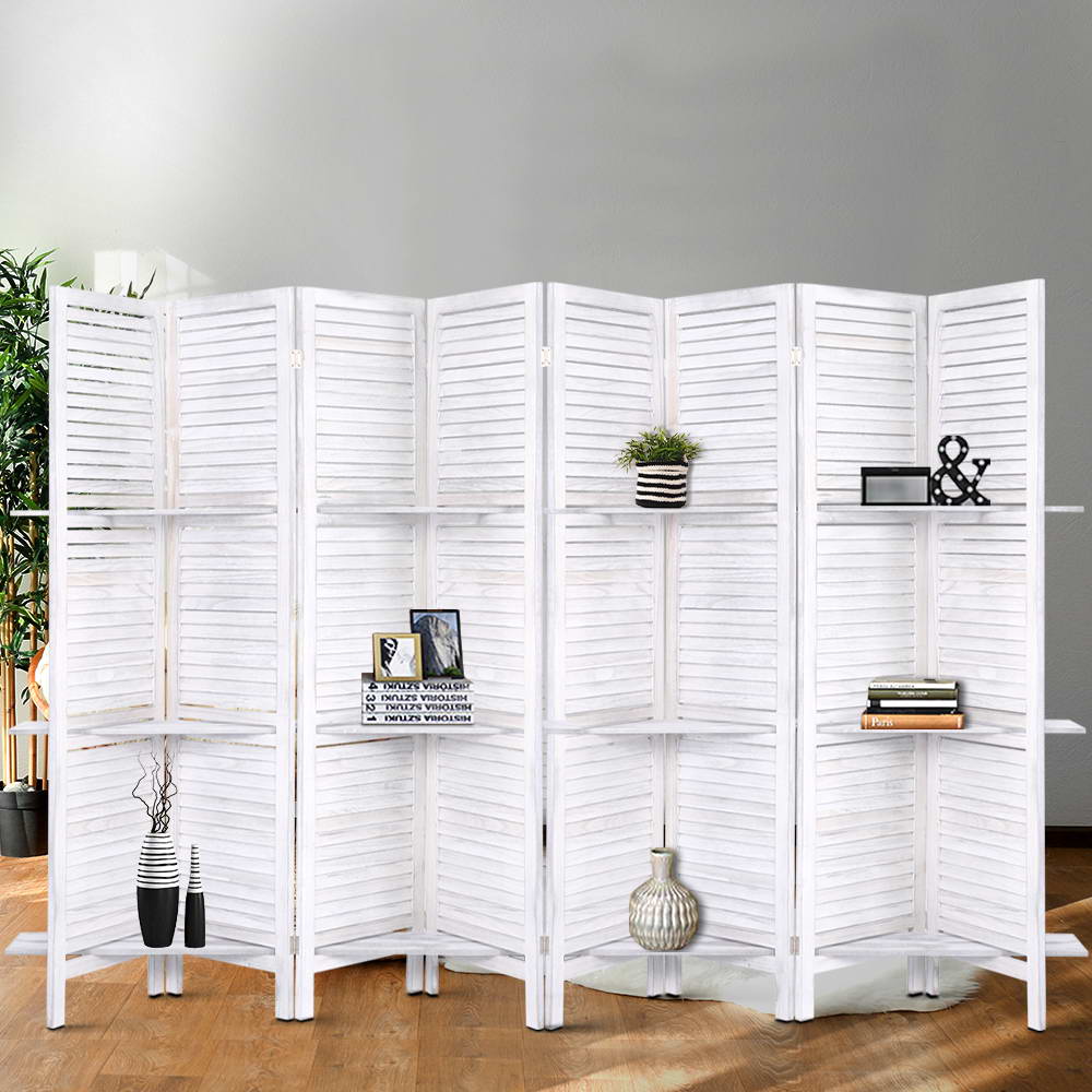 White 8-panel room divider screen with shelves, louvered panels and stand legs