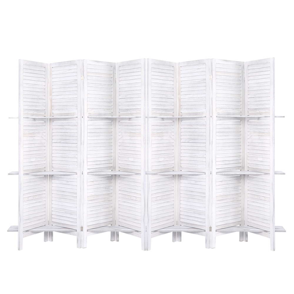 White 8-panel room divider screen with louvered panels and side shelves, front view