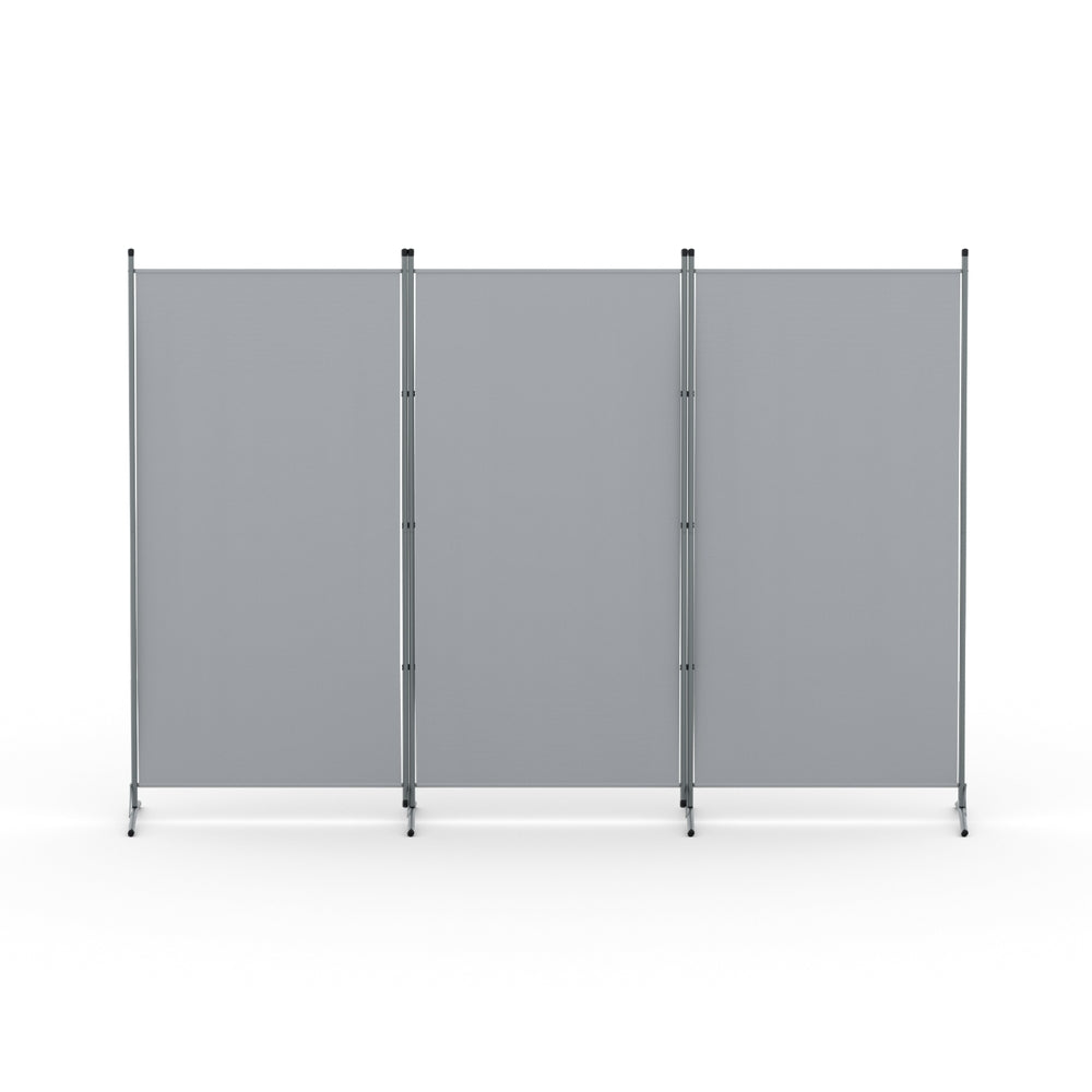 3-panel room divider screen with grey fabric panels and silver metal frame, front view