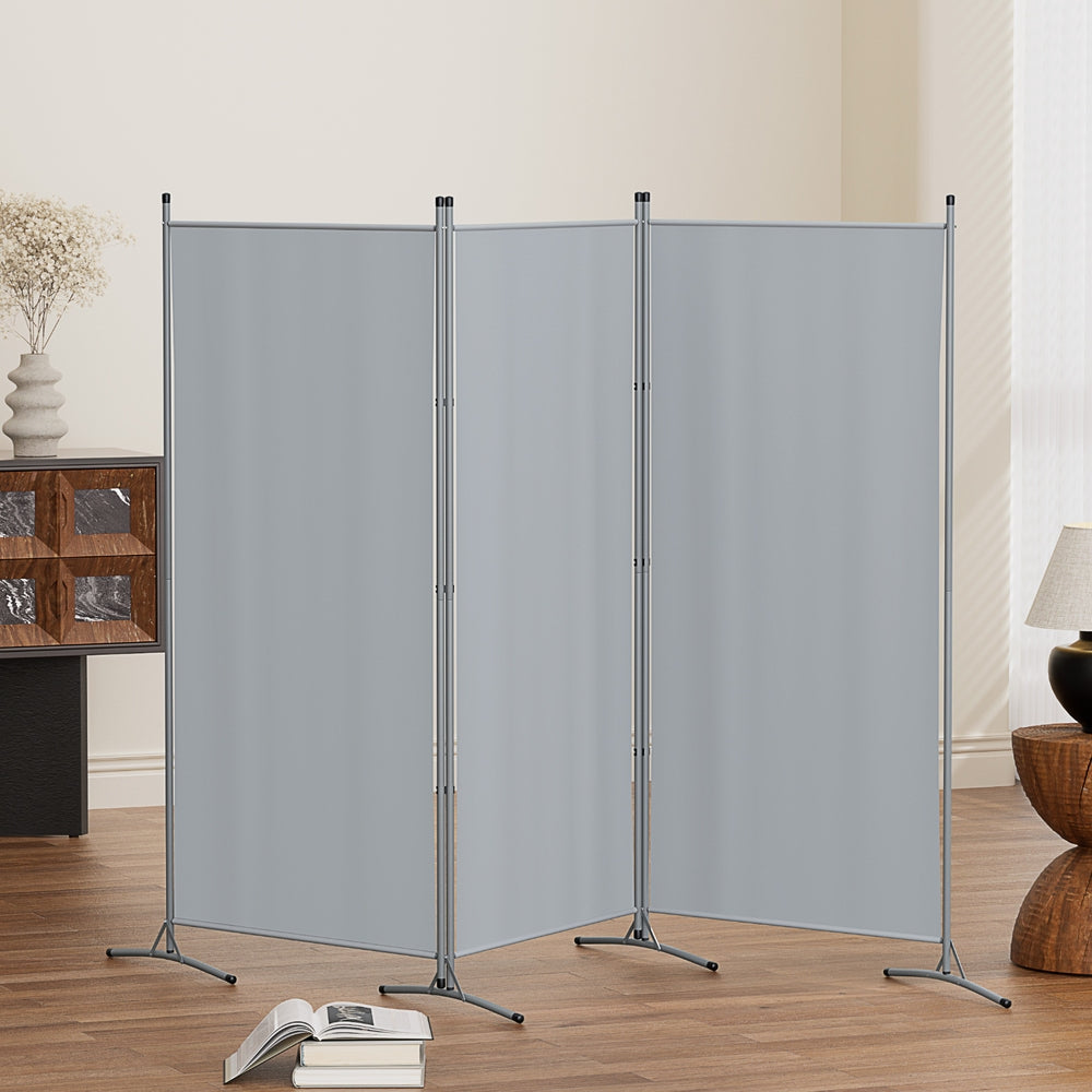 3-panel room divider screen with grey fabric panels and silver metal frame, freestanding in room