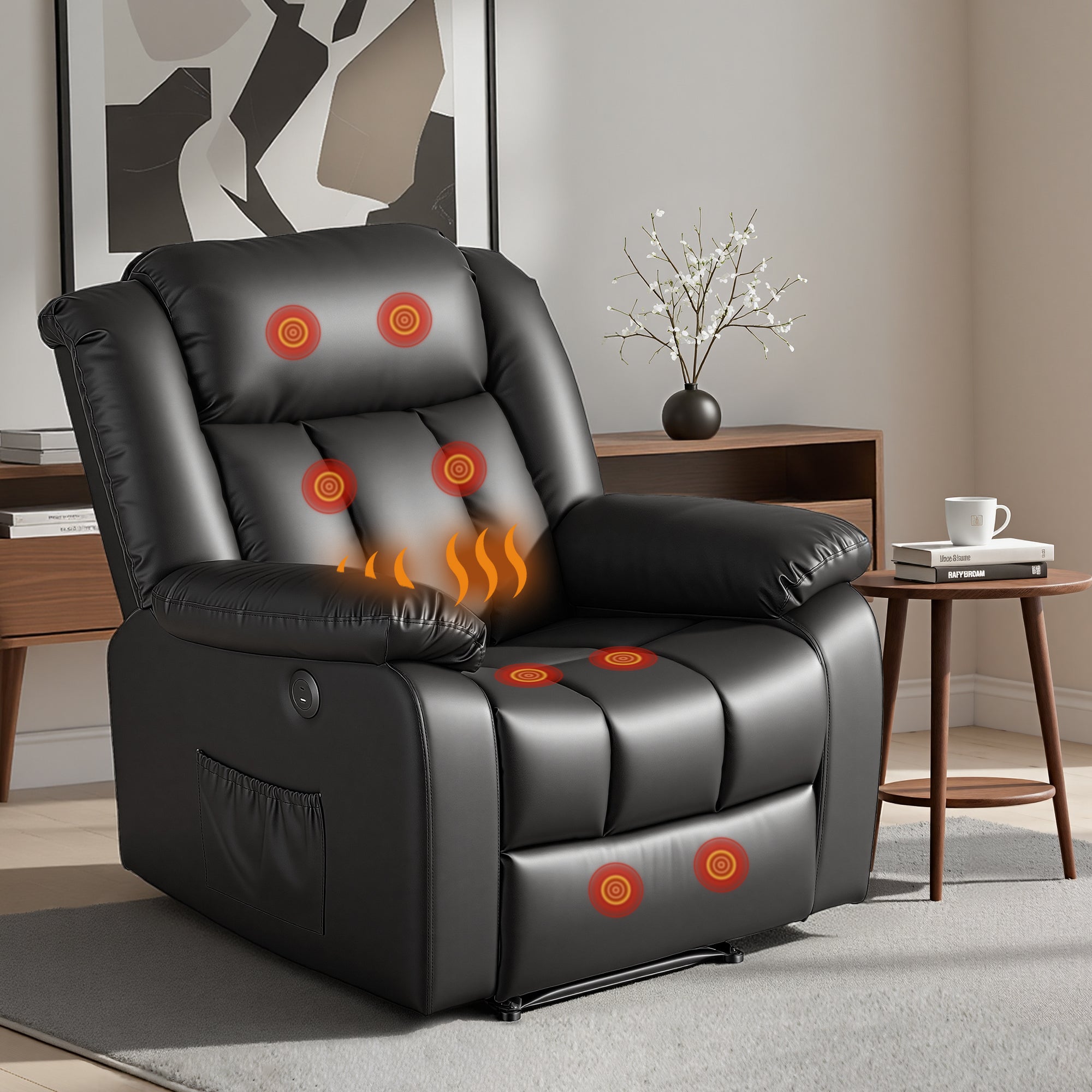 Artiss Manual Massage Recliner Chair for Living Room, Leather Sofa Lounge Reclining Chair with 2 USB Port, 160? Recline Reading Chair with 20CM Wide Armrests, 8 Point Vibration & Lumbar Heat, Black