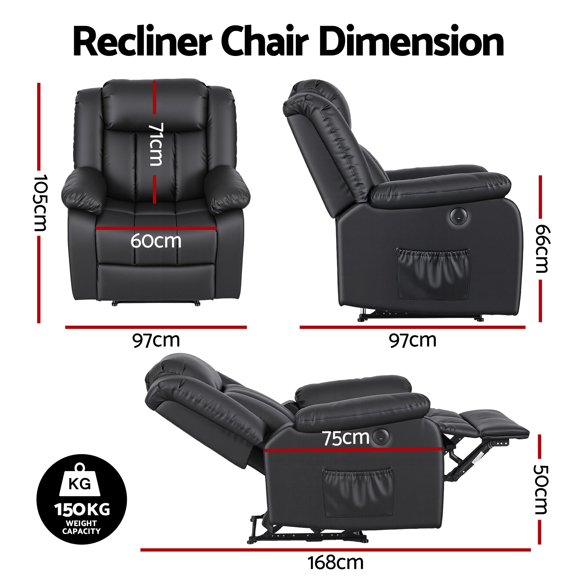 Artiss Manual Massage Recliner Chair for Living Room, Leather Sofa Lounge Reclining Chair with 2 USB Port, 160? Recline Reading Chair with 20CM Wide Armrests, 8 Point Vibration & Lumbar Heat, Black