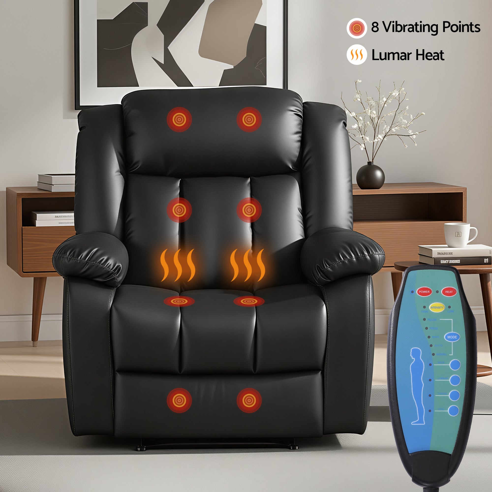 Artiss Manual Massage Recliner Chair for Living Room, Leather Sofa Lounge Reclining Chair with 2 USB Port, 160? Recline Reading Chair with 20CM Wide Armrests, 8 Point Vibration & Lumbar Heat, Black