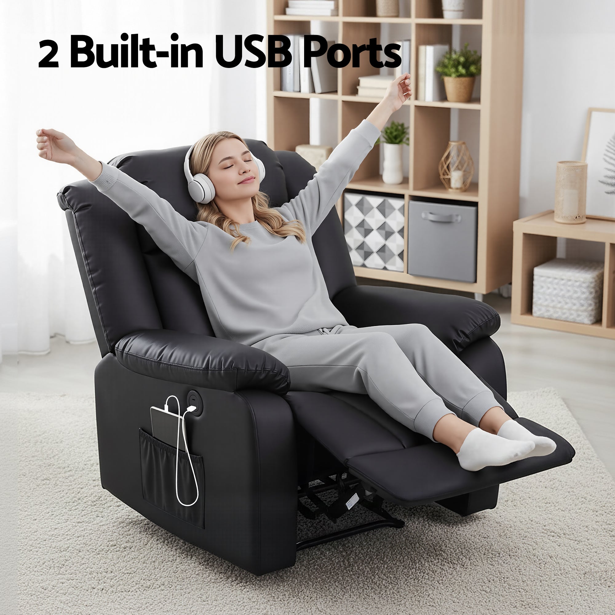 Artiss Manual Massage Recliner Chair for Living Room, Leather Sofa Lounge Reclining Chair with 2 USB Port, 160? Recline Reading Chair with 20CM Wide Armrests, 8 Point Vibration & Lumbar Heat, Black