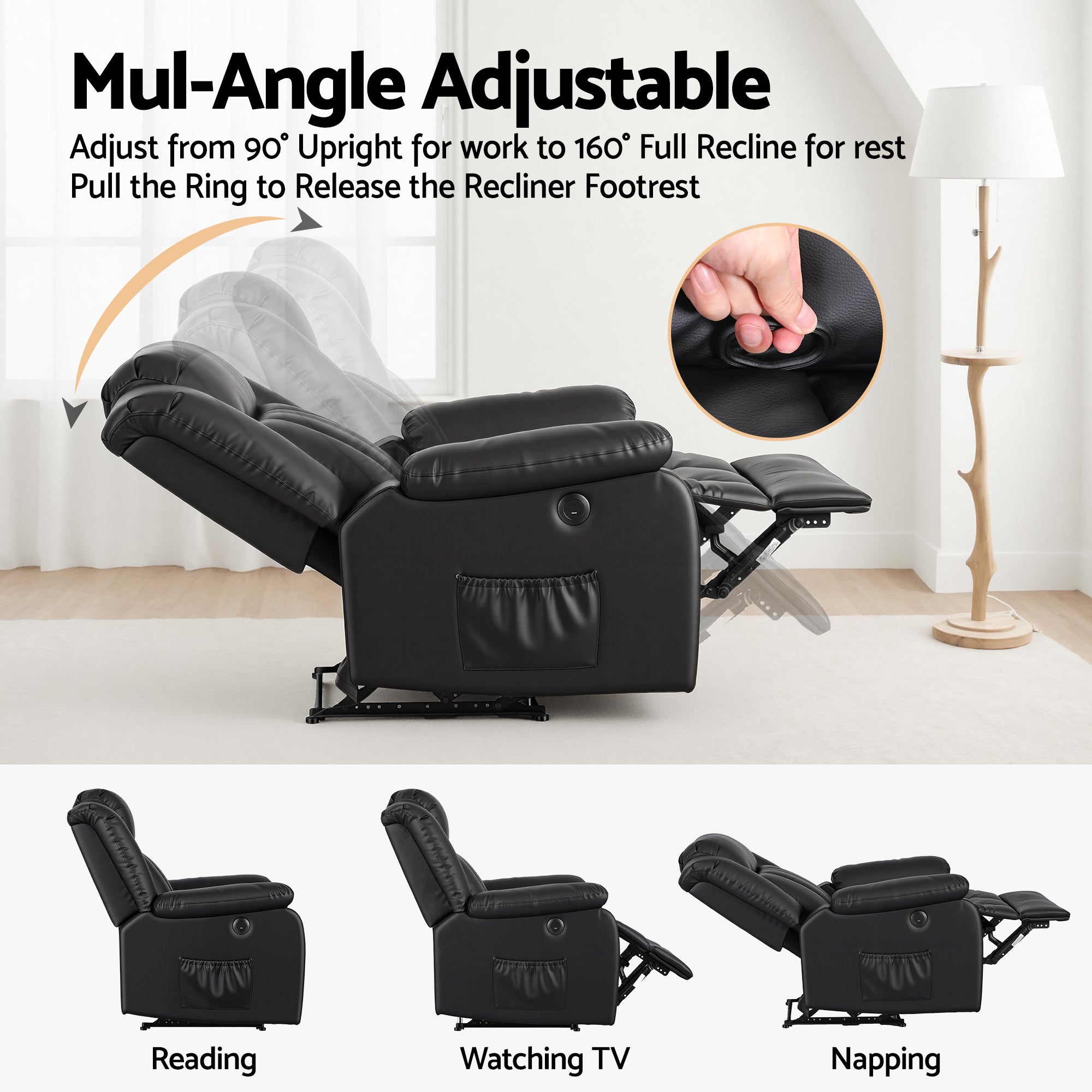 Artiss Manual Massage Recliner Chair for Living Room, Leather Sofa Lounge Reclining Chair with 2 USB Port, 160? Recline Reading Chair with 20CM Wide Armrests, 8 Point Vibration & Lumbar Heat, Black