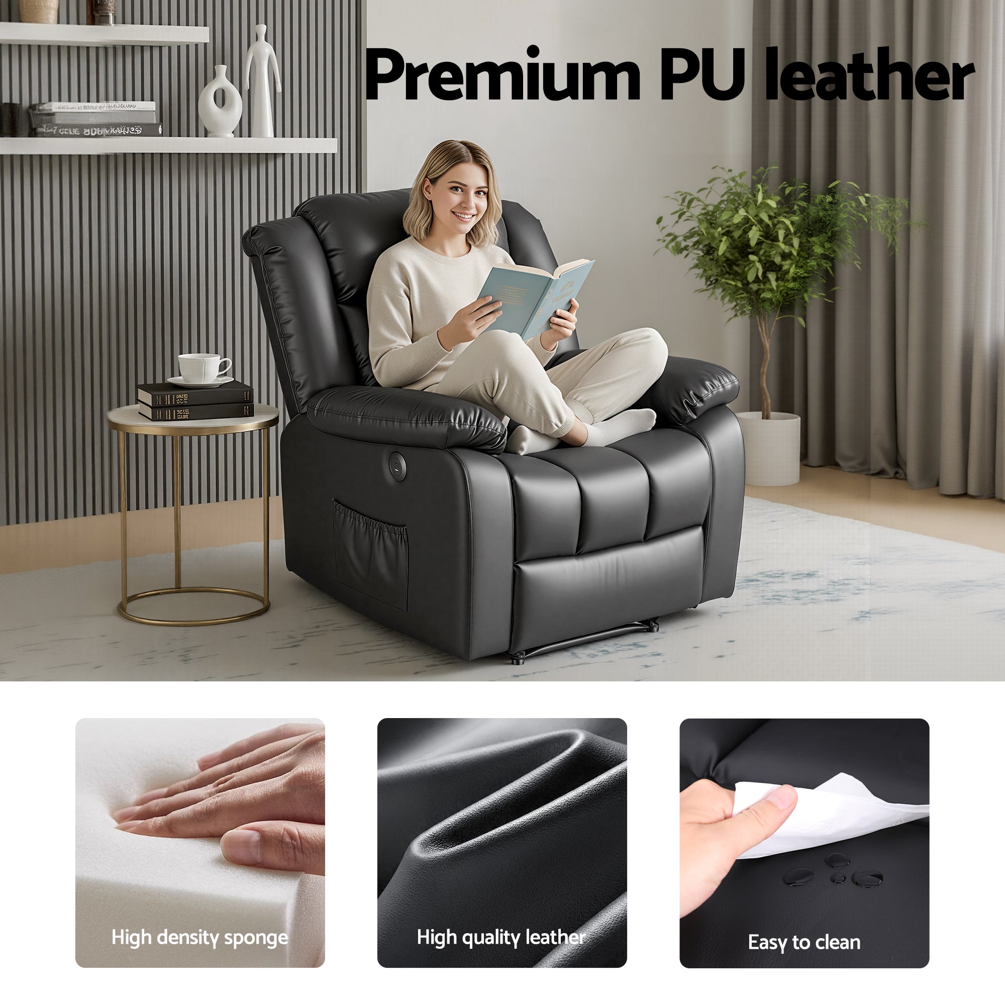 Artiss Manual Massage Recliner Chair for Living Room, Leather Sofa Lounge Reclining Chair with 2 USB Port, 160? Recline Reading Chair with 20CM Wide Armrests, 8 Point Vibration & Lumbar Heat, Black