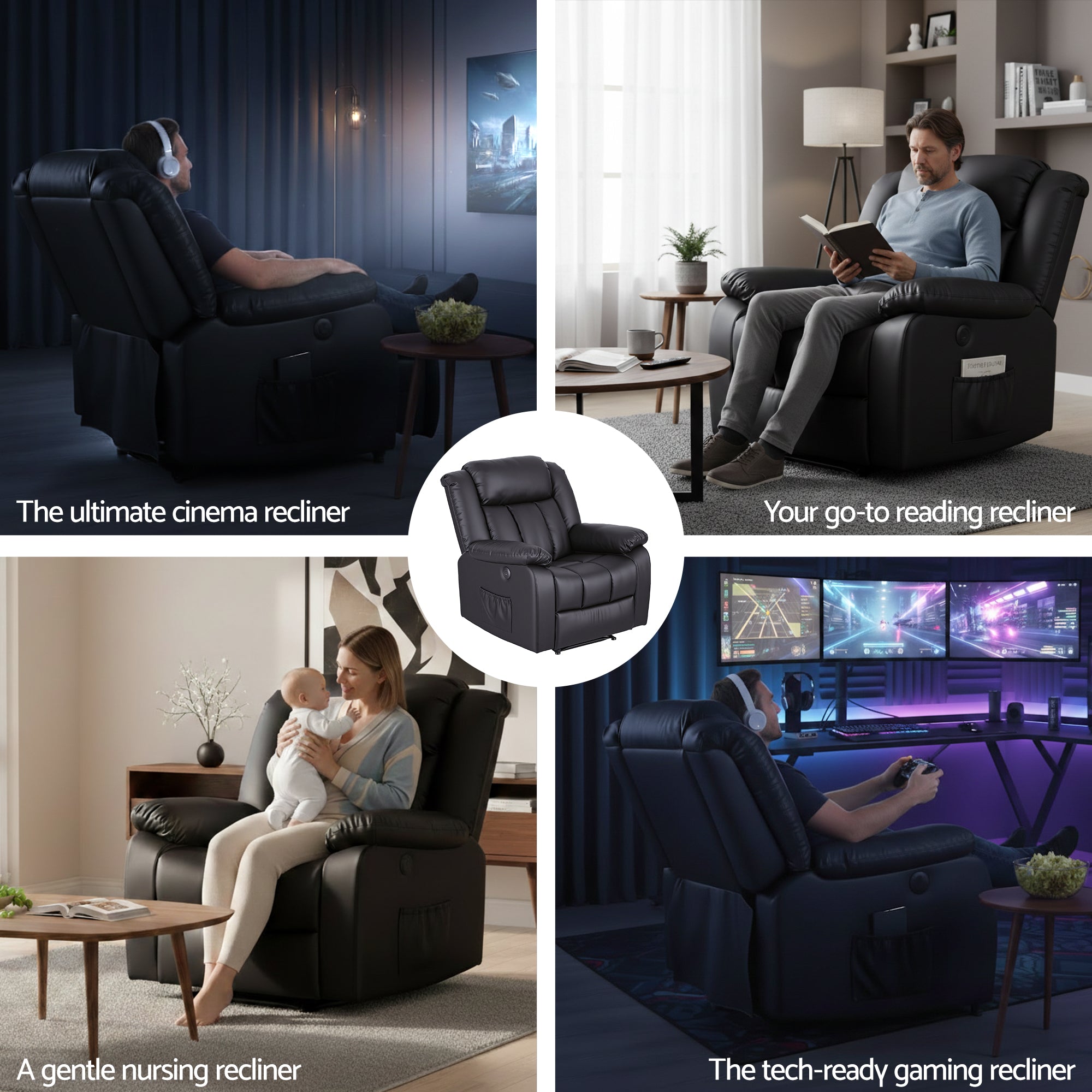 Artiss Manual Massage Recliner Chair for Living Room, Leather Sofa Lounge Reclining Chair with 2 USB Port, 160? Recline Reading Chair with 20CM Wide Armrests, 8 Point Vibration & Lumbar Heat, Black