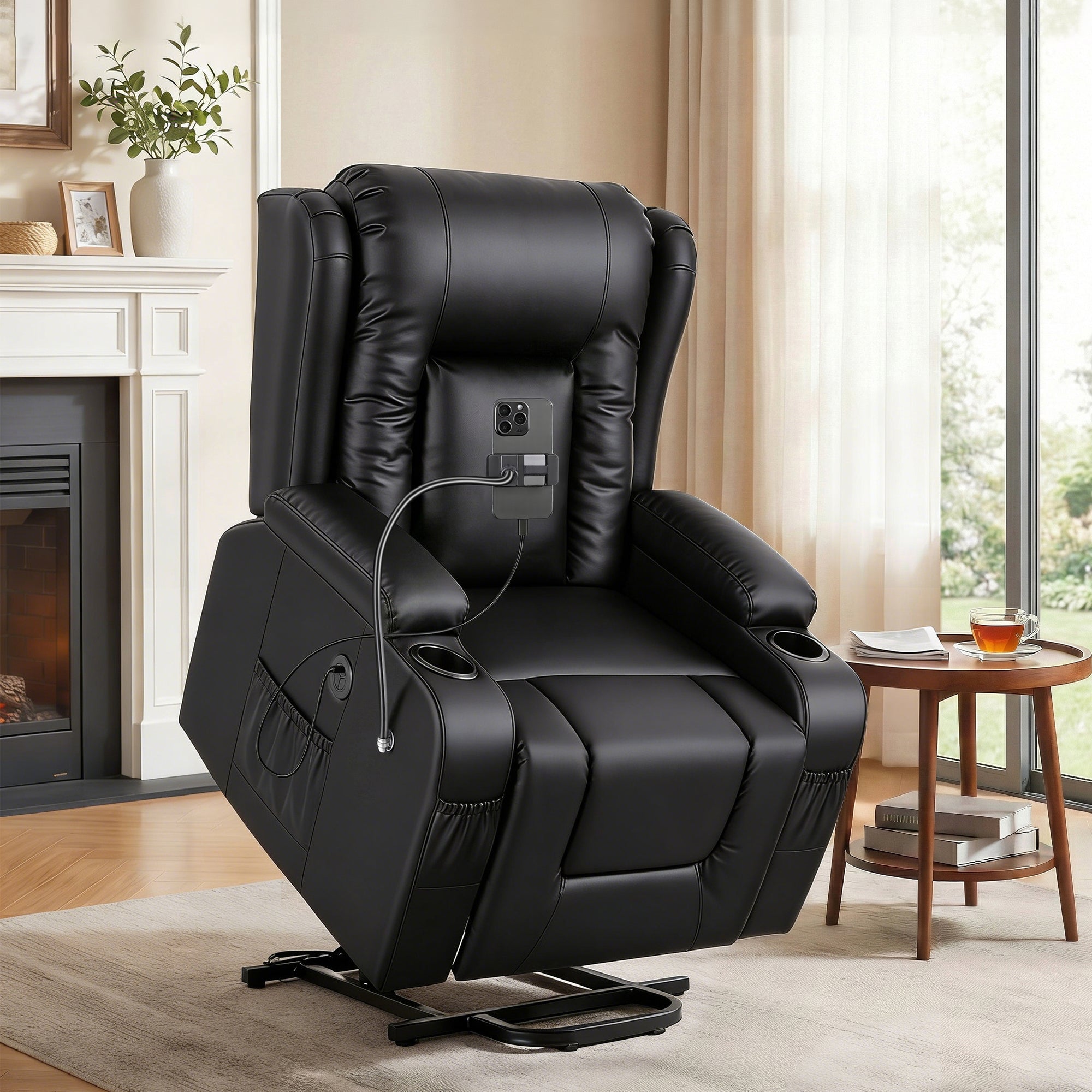 Black PU power lift recliner chair with massage and heat, open footrest