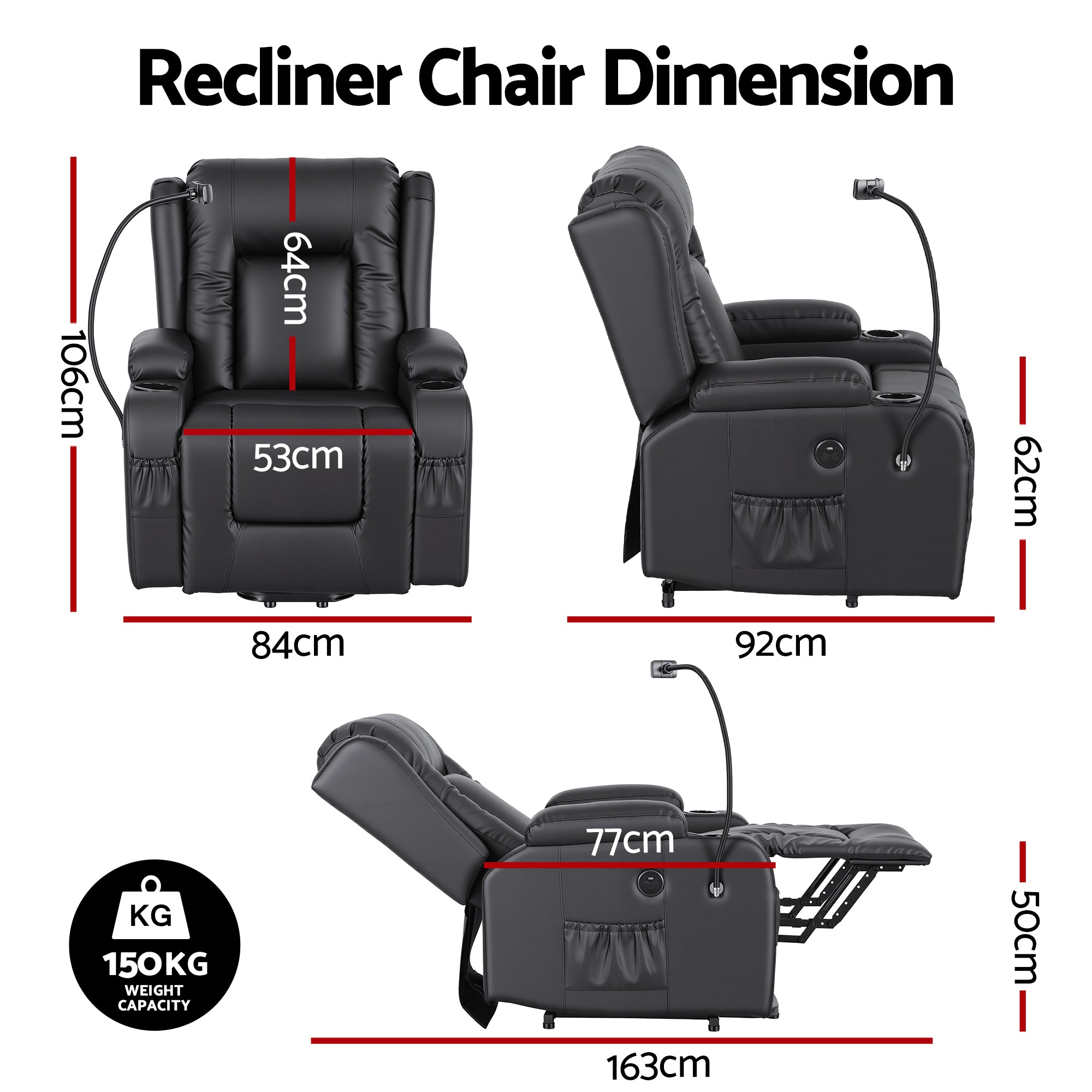 Black power lift recliner chair dimension diagram with height and width measurements
