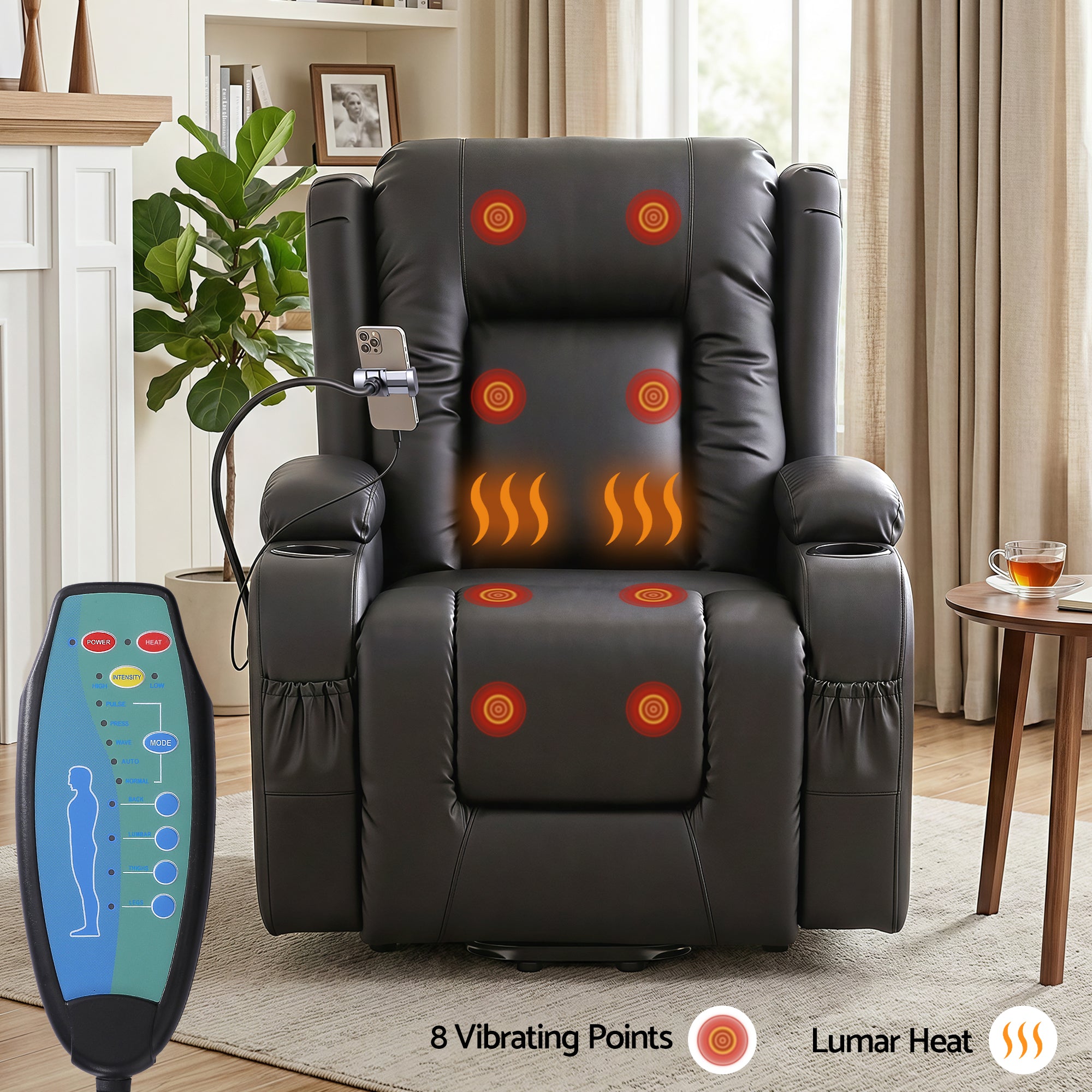 Black power lift recliner chair with heat and massage back panel controls