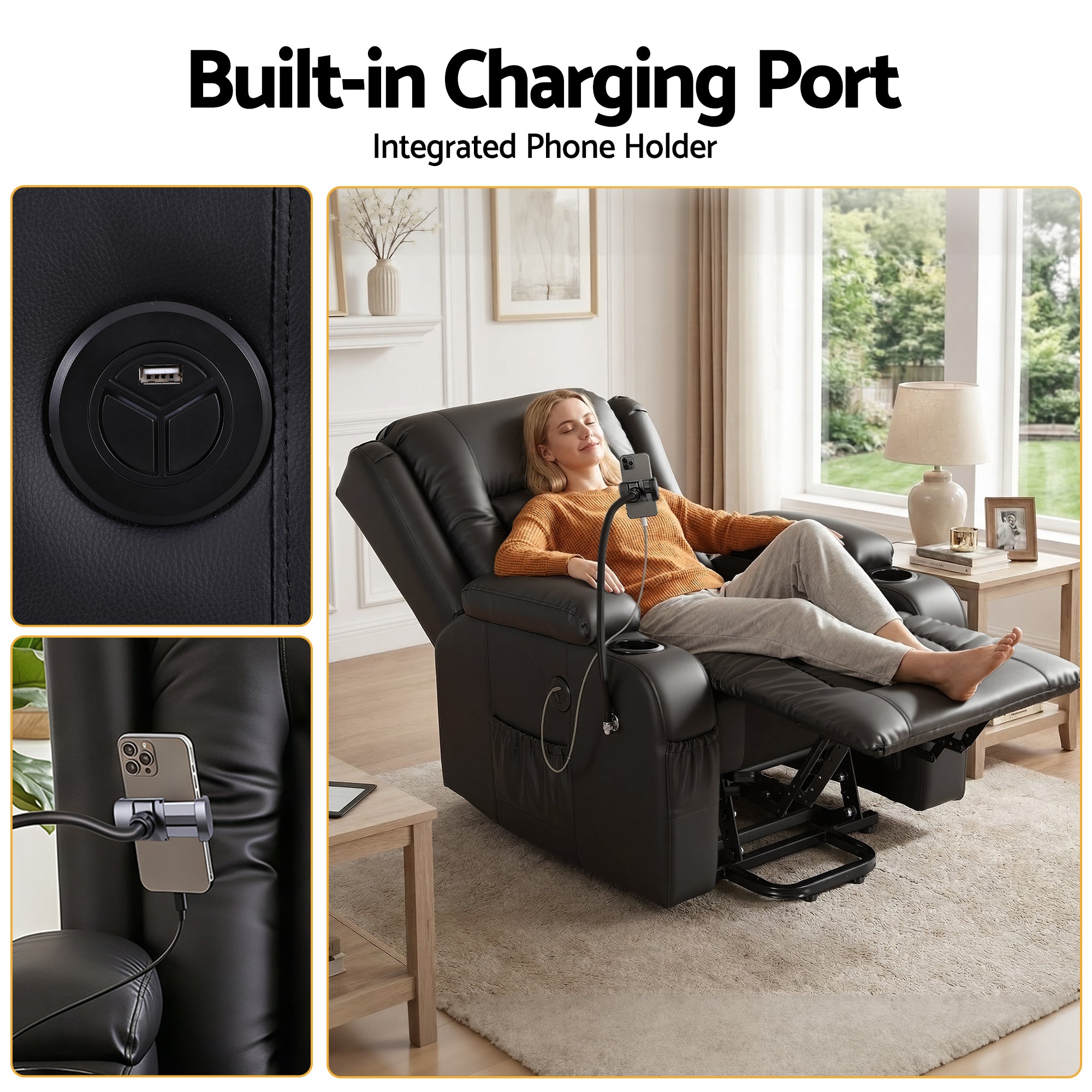 Black power lift recliner chair with built-in charging port and integrated phone holder