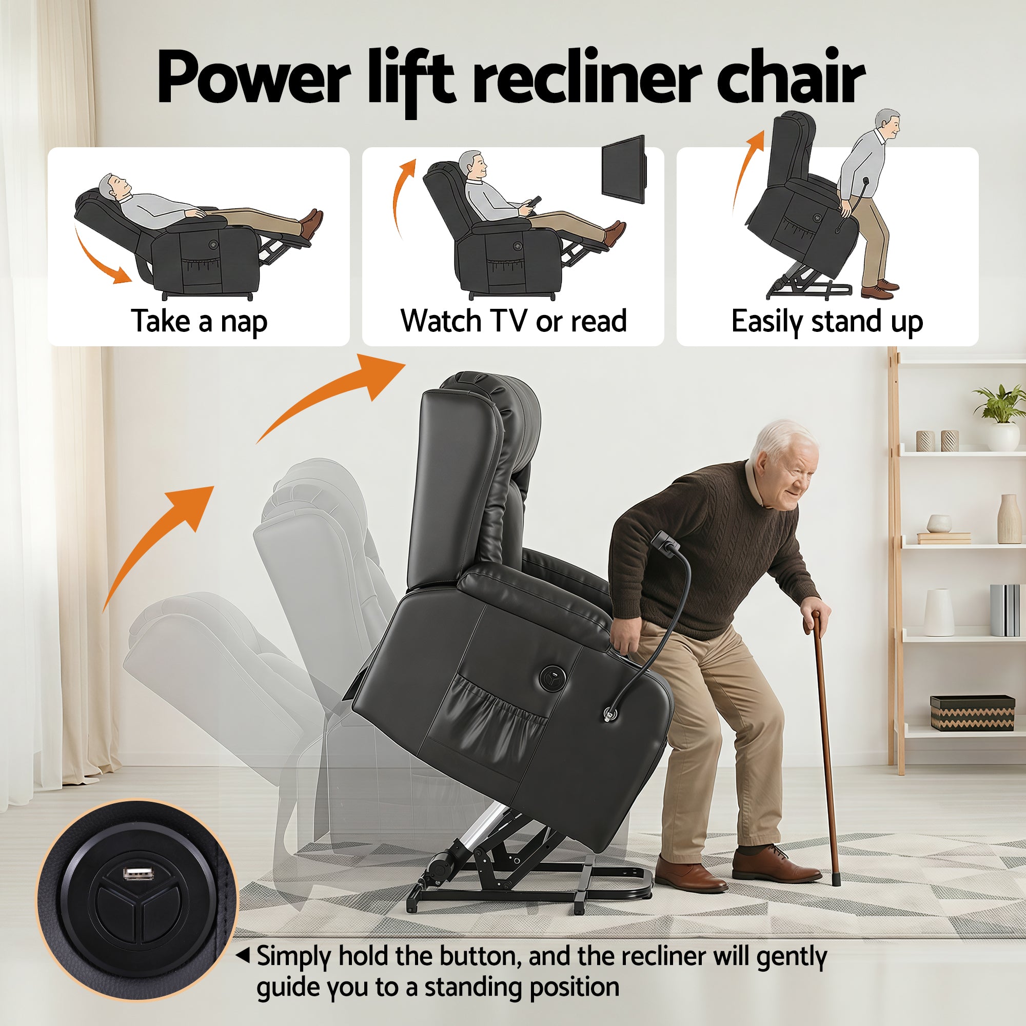 Black power lift recliner chair showing recline and lifting positions