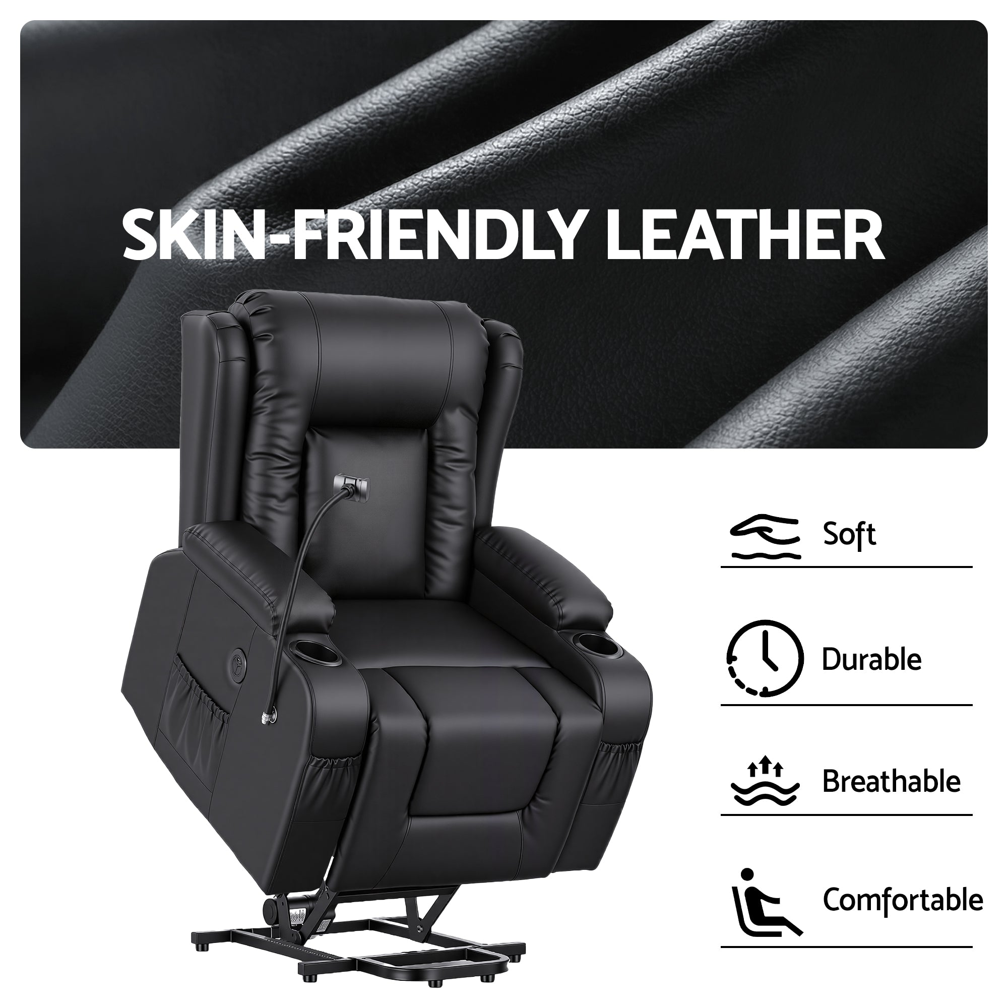 Black PU recliner chair with padded armrests and smooth leather-like upholstery