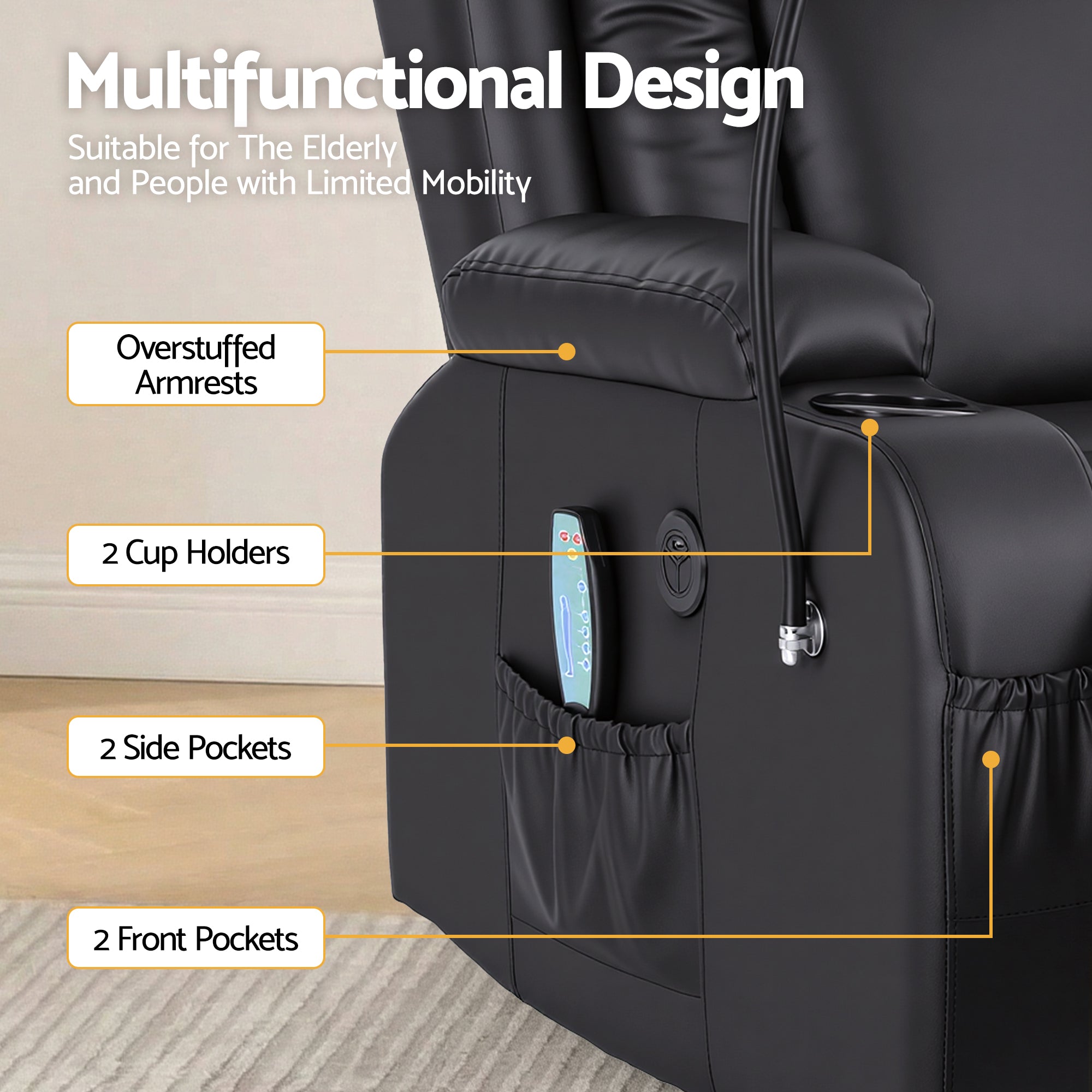 Black power lift recliner chair with cup holders and side storage pockets