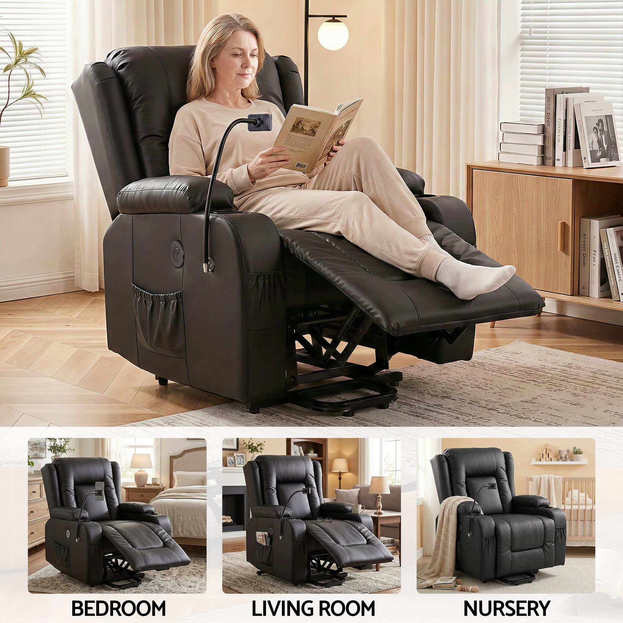 Black power lift recliner chair with extended footrest, person reclining and reading