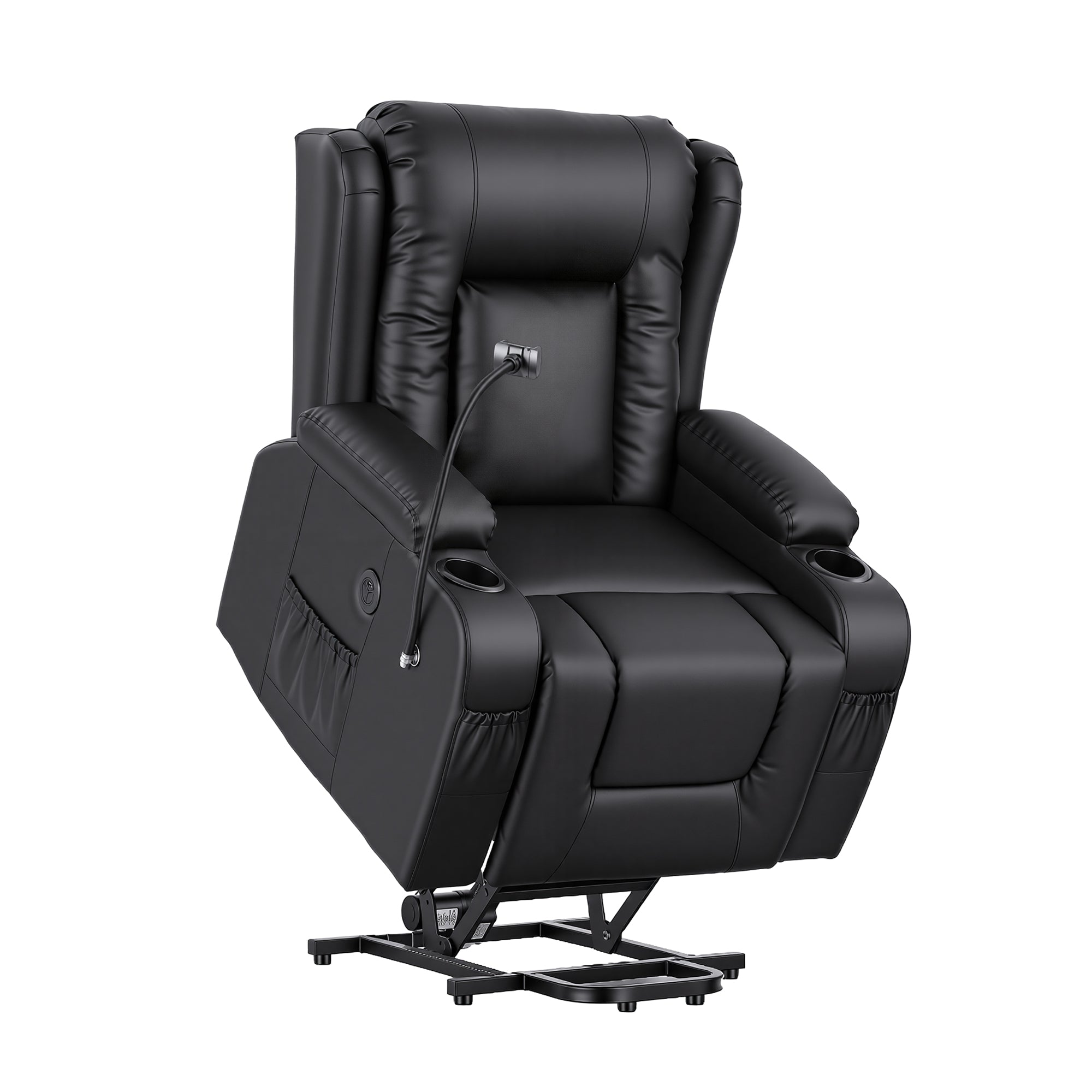Black power lift recliner chair with side controls and cup holder arms